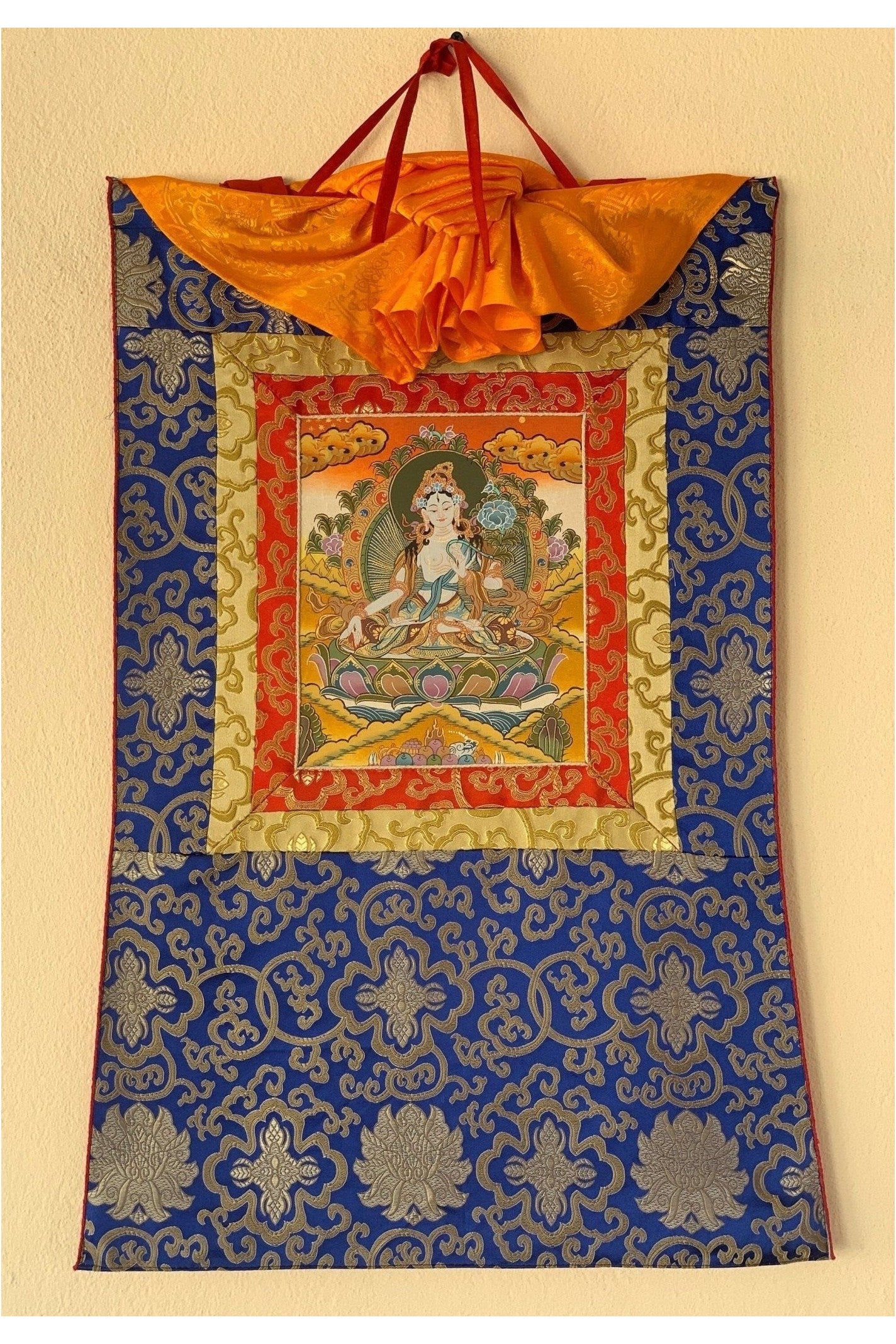 White Tara, Mother Buddha, Tibetan Thangka Painting, Original Art with Silk Frame ( Brocade) - Tibetan Thangka Art