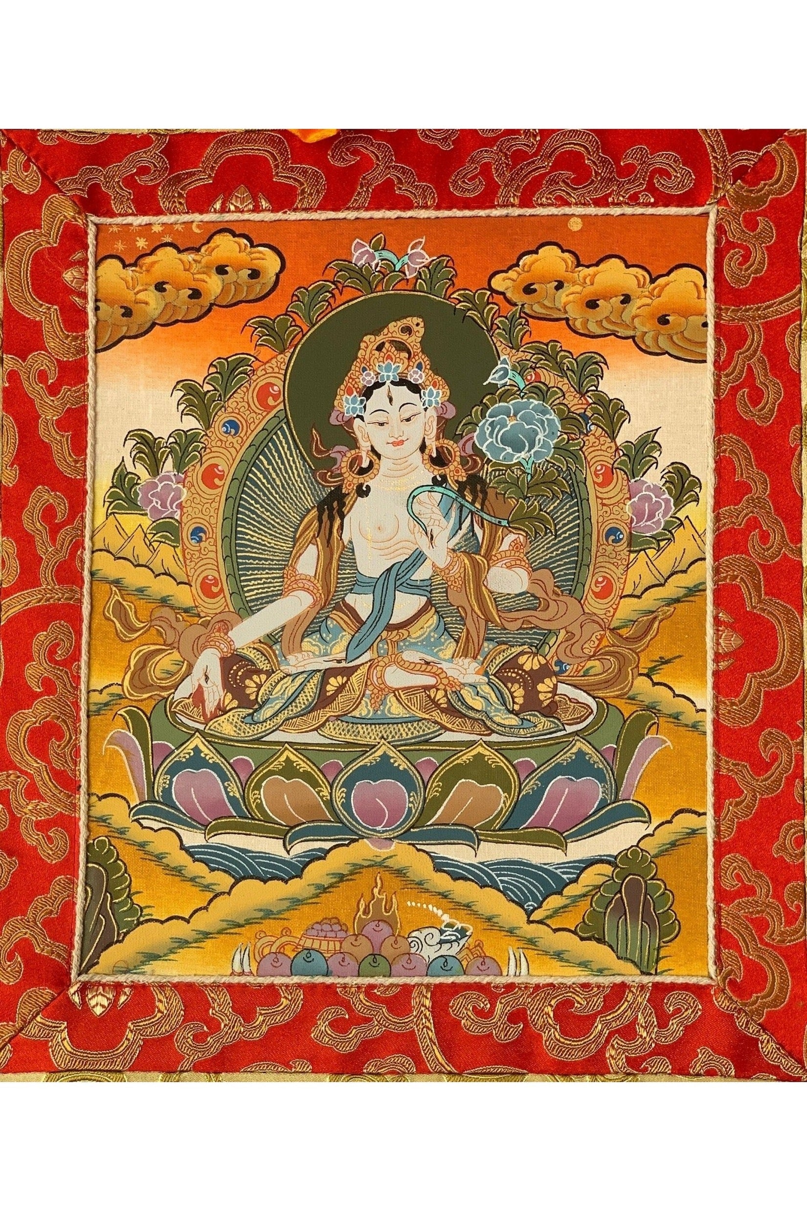 White Tara, Mother Buddha, Tibetan Thangka Painting, Original Art with Silk Frame ( Brocade) - Tibetan Thangka Art