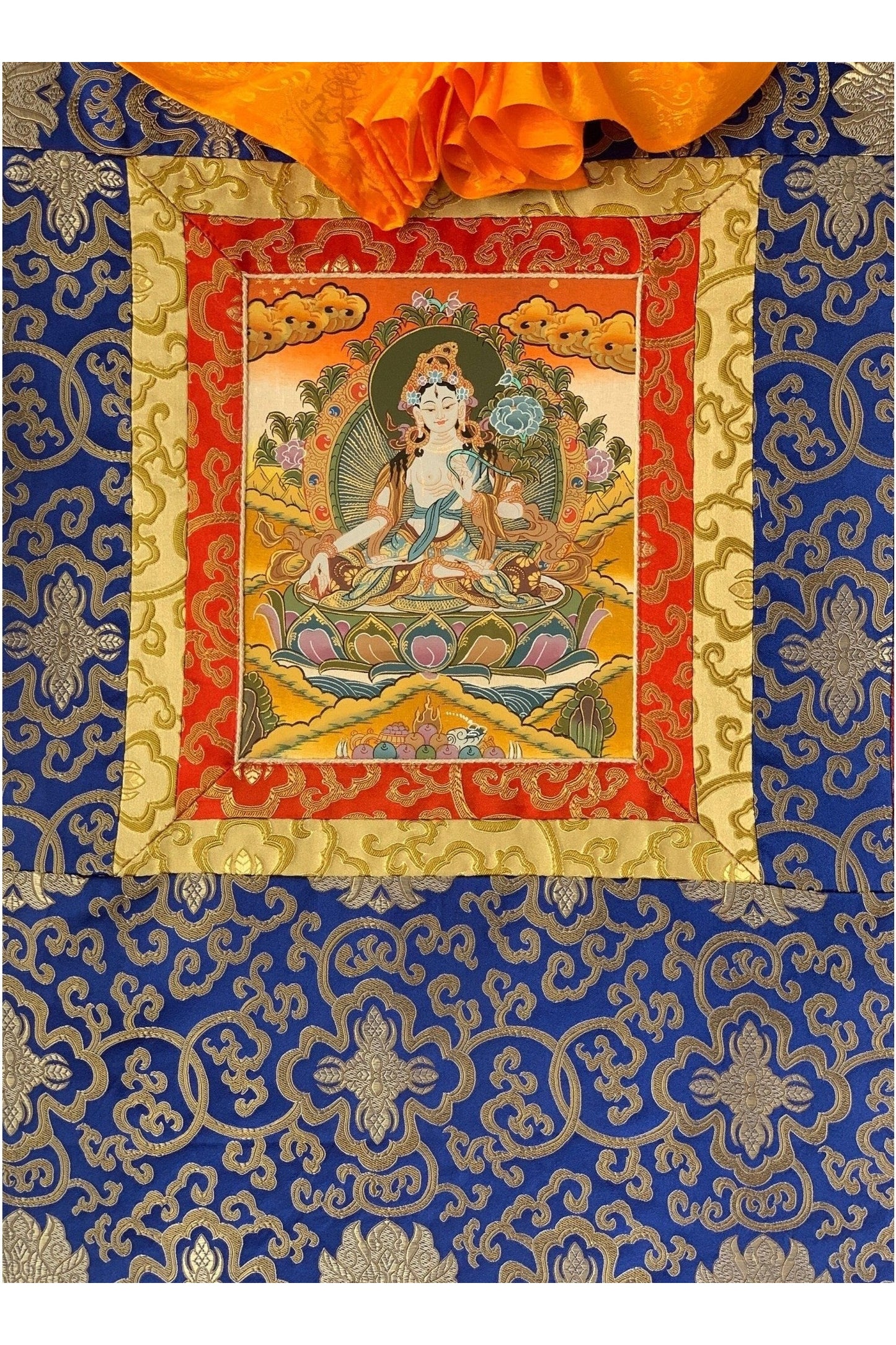 White Tara, Mother Buddha, Tibetan Thangka Painting, Original Art with Silk Frame ( Brocade) - Tibetan Thangka Art