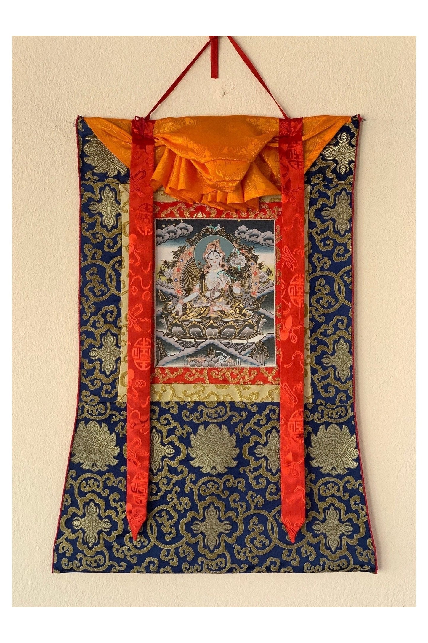 White Tara, Mother Buddha, Tibetan Thangka Painting, Original Art with Silk Frame ( Brocade) - Tibetan Thangka Art