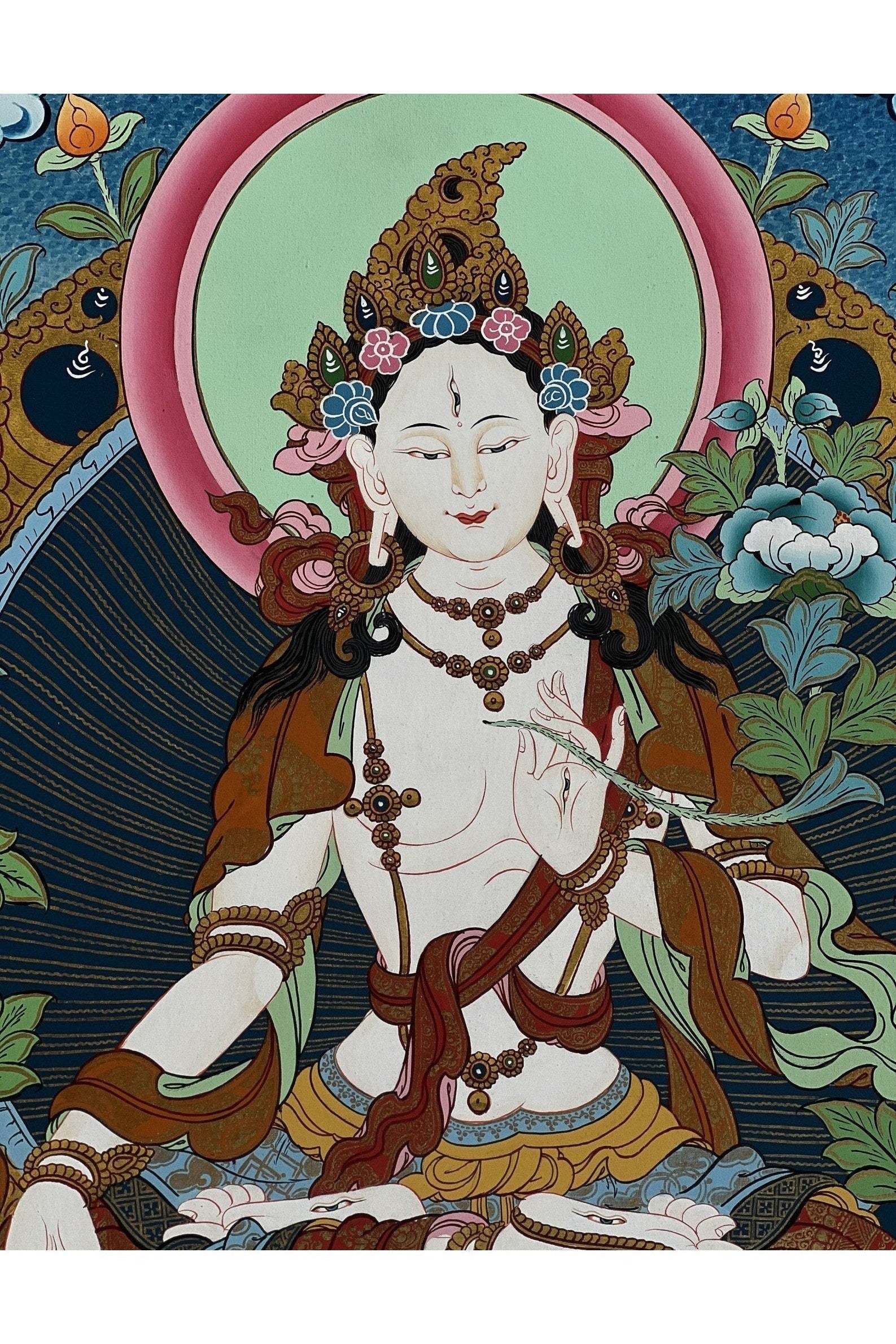 White Tara Mother Goddess High - Quality Masterpiece Tibetan Thangka /Thanka Painting/ Original Hand - Painted Buddhist Meditation Art - Tibetan Thangka Art