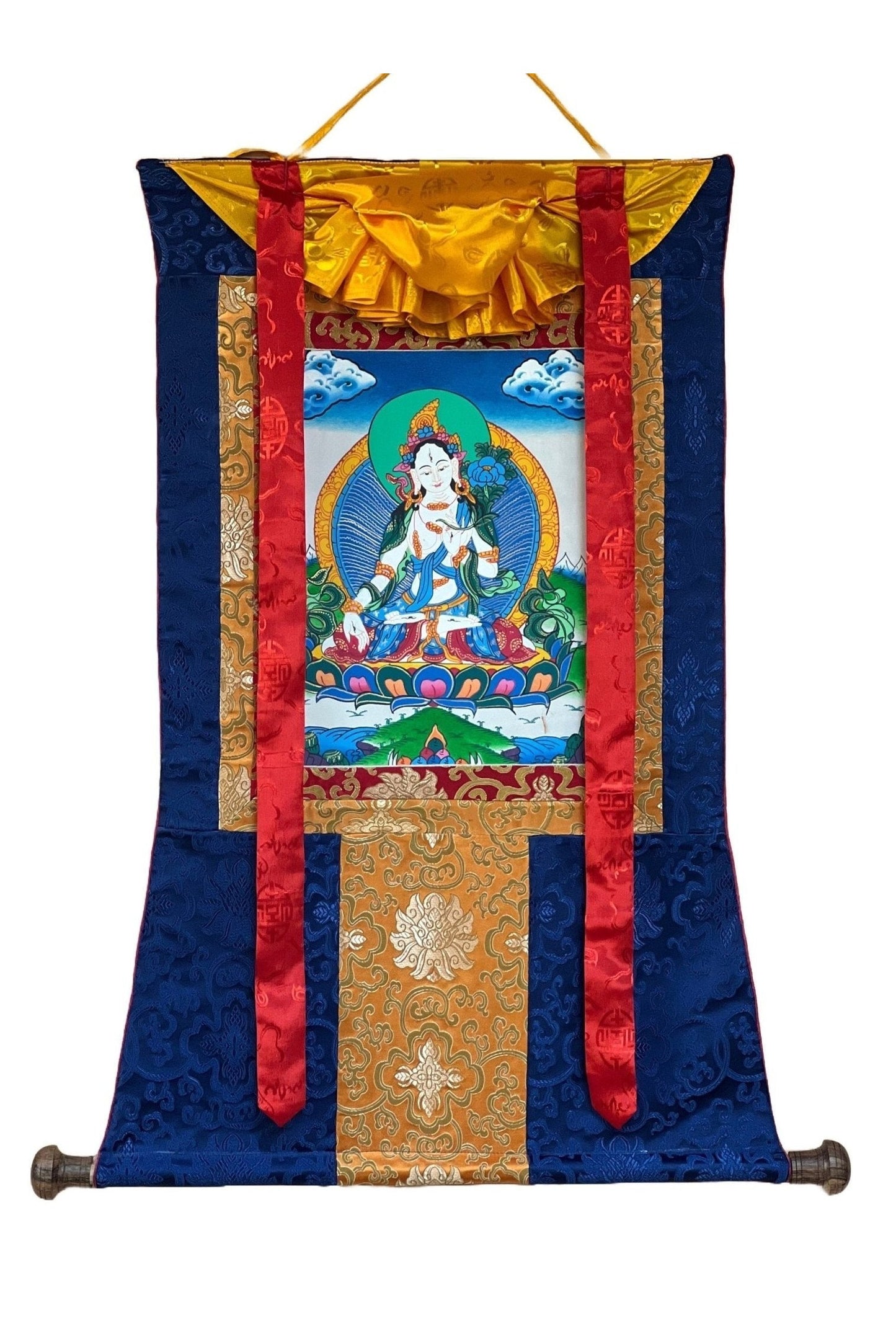 White Tara Mother Goddess Original Hand Painted Exquisite Tibetan Thangka Painting Buddhist Art with Silk Border - Tibetan Thangka Art