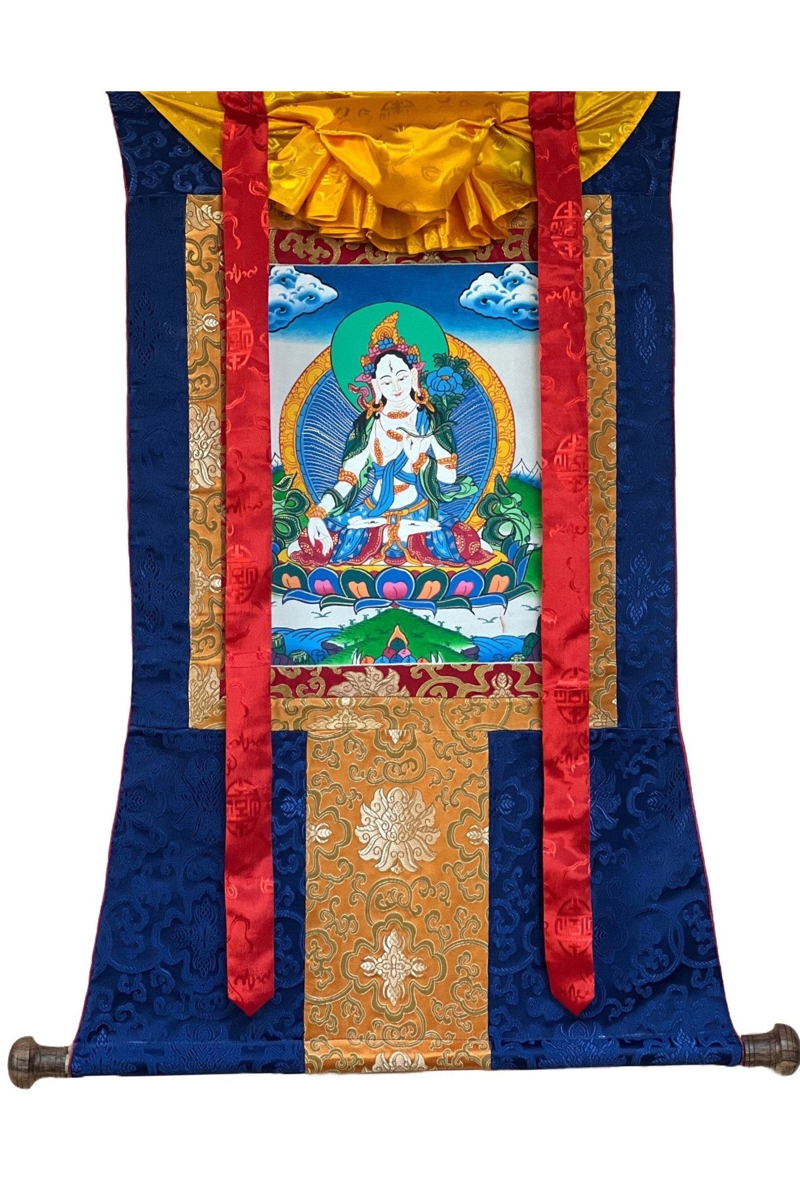 White Tara Mother Goddess Original Hand Painted Exquisite Tibetan Thangka Painting Buddhist Art with Silk Border - Tibetan Thangka Art