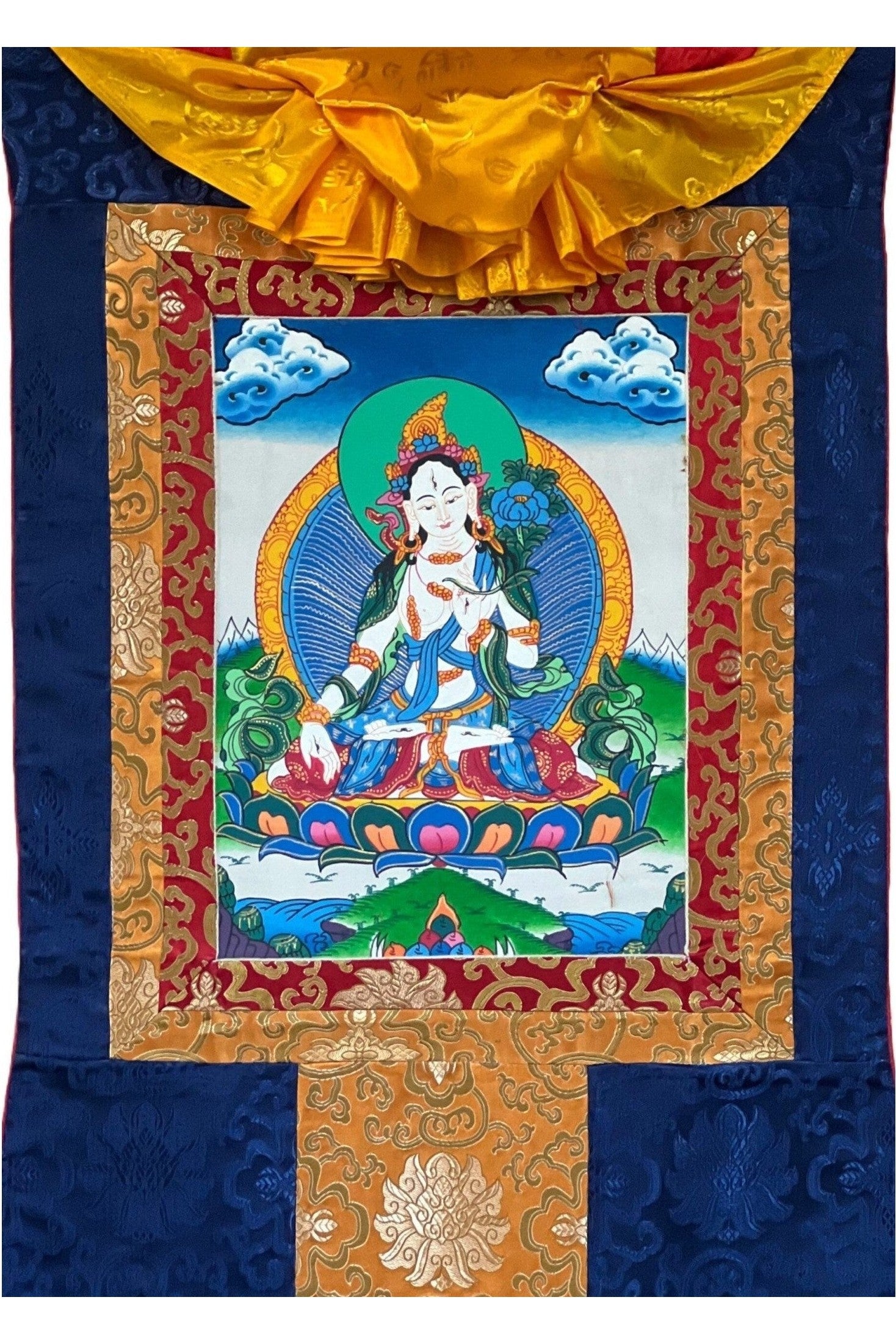 White Tara Mother Goddess Original Hand Painted Exquisite Tibetan Thangka Painting Buddhist Art with Silk Border - Tibetan Thangka Art