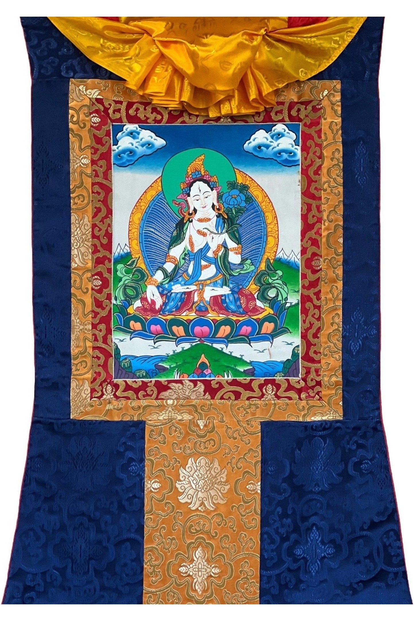 White Tara Mother Goddess Original Hand Painted Exquisite Tibetan Thangka Painting Buddhist Art with Silk Border - Tibetan Thangka Art