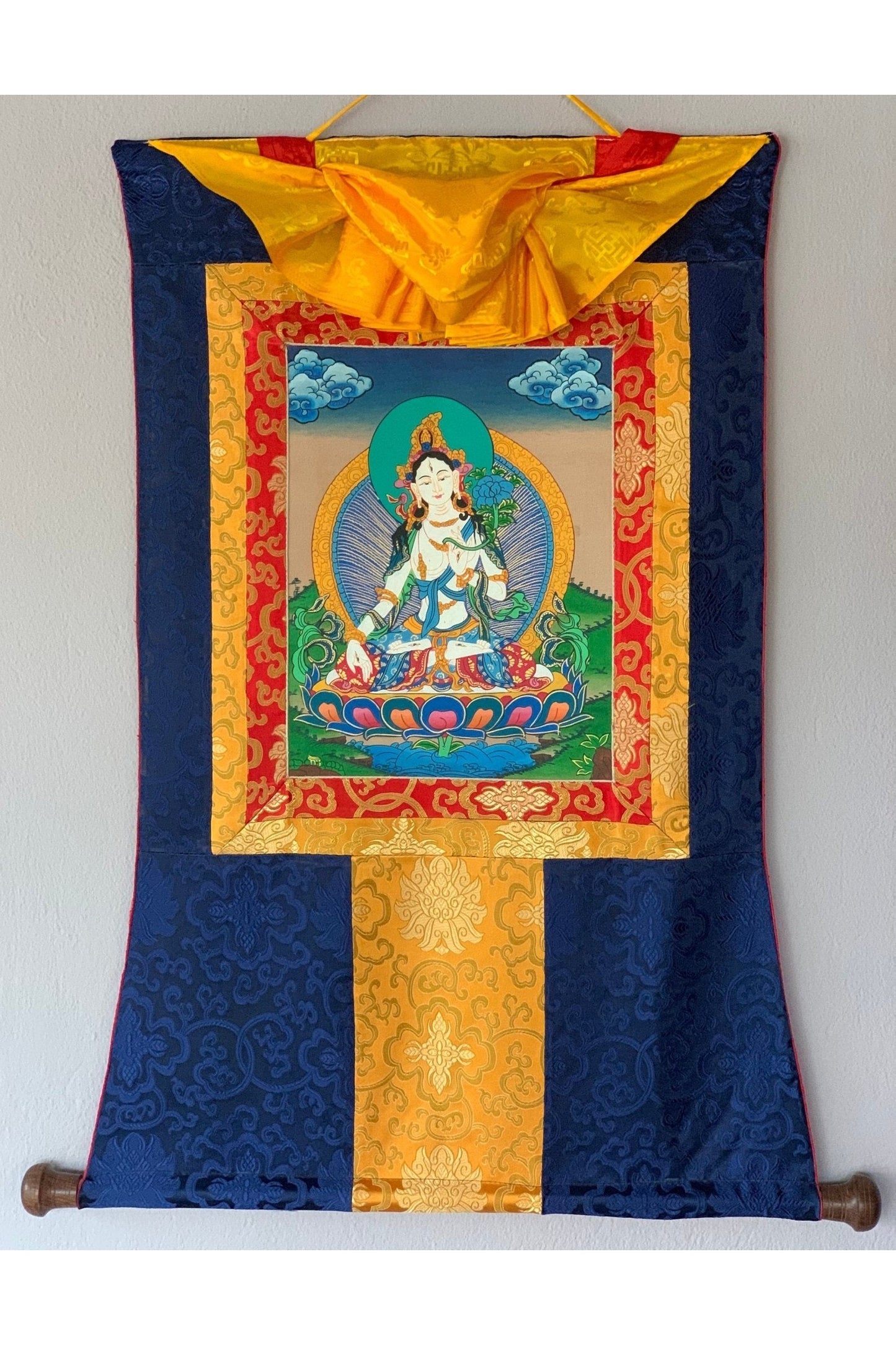 White Tara/ Mother Tara Goddess of Compassion Tibetan Thangka Painting Original Buddhist Art with Silk Brocade - Tibetan Thangka Art