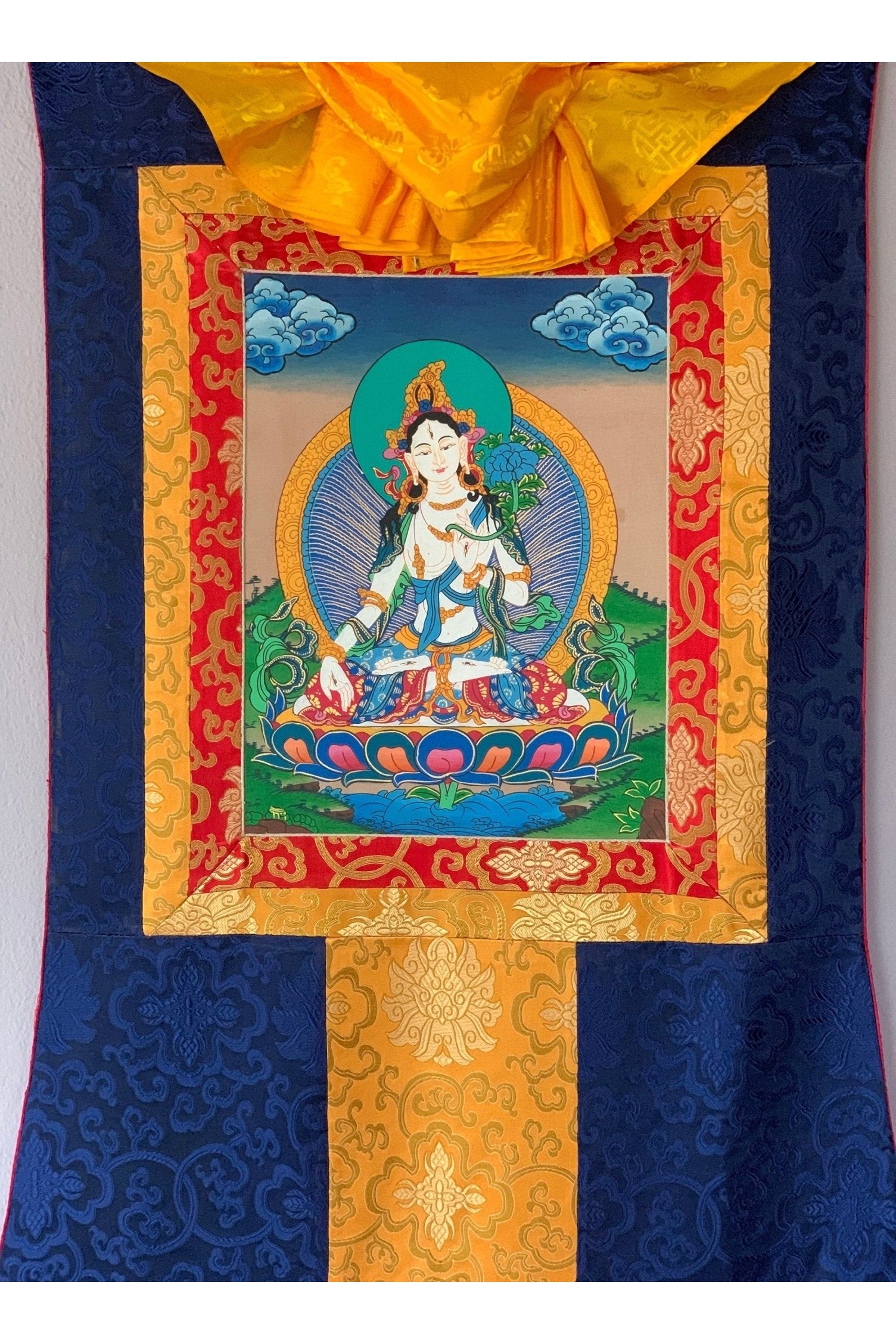 White Tara/ Mother Tara Goddess of Compassion Tibetan Thangka Painting Original Buddhist Art with Silk Brocade - Tibetan Thangka Art