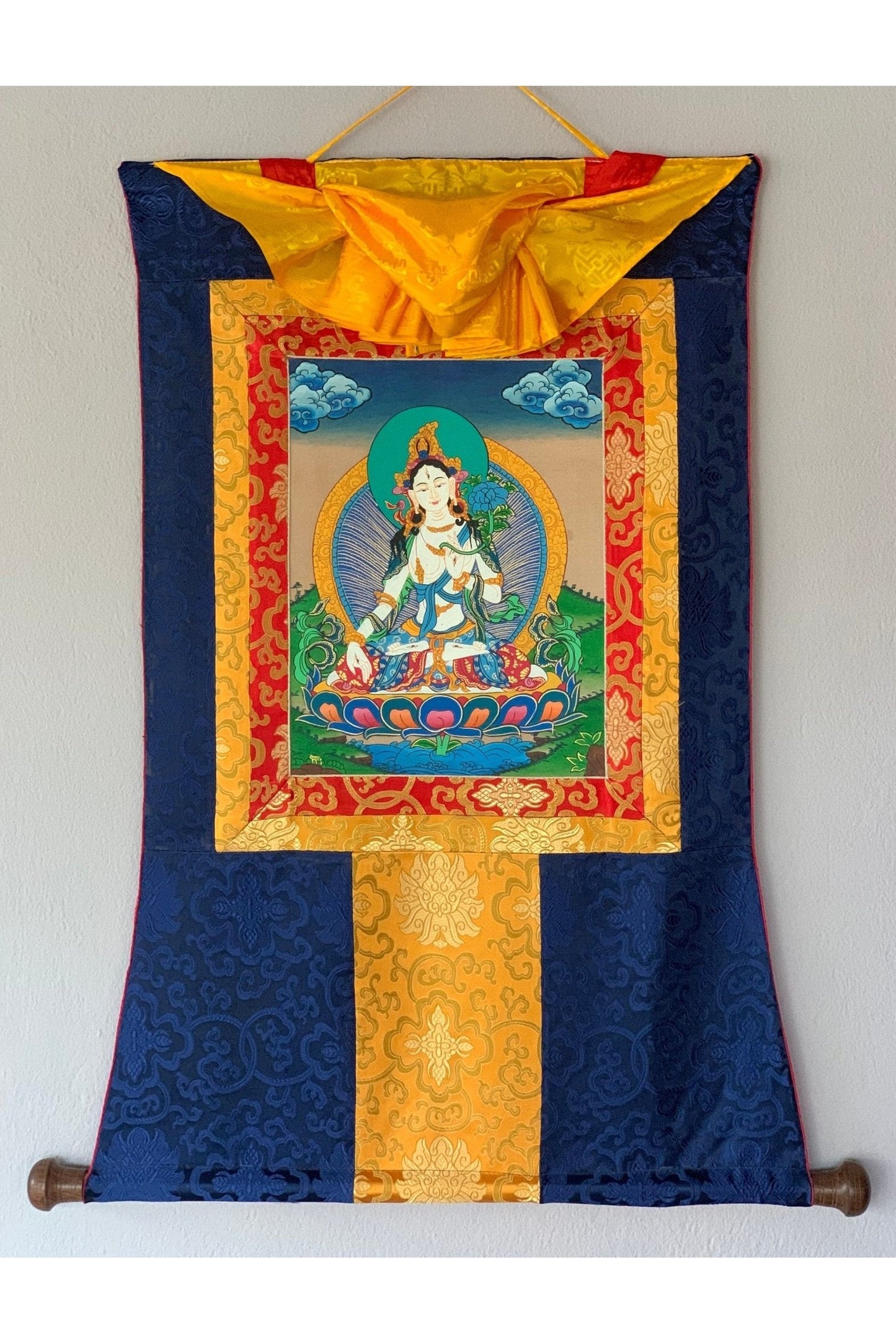 White Tara/ Mother Tara Goddess of Compassion Tibetan Thangka Painting Original Buddhist Art with Silk Brocade - Tibetan Thangka Art