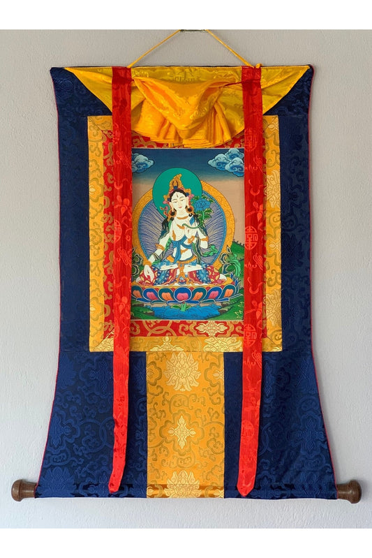 White Tara/ Mother Tara Goddess of Compassion Tibetan Thangka Painting Original Buddhist Art with Silk Brocade - Tibetan Thangka Art