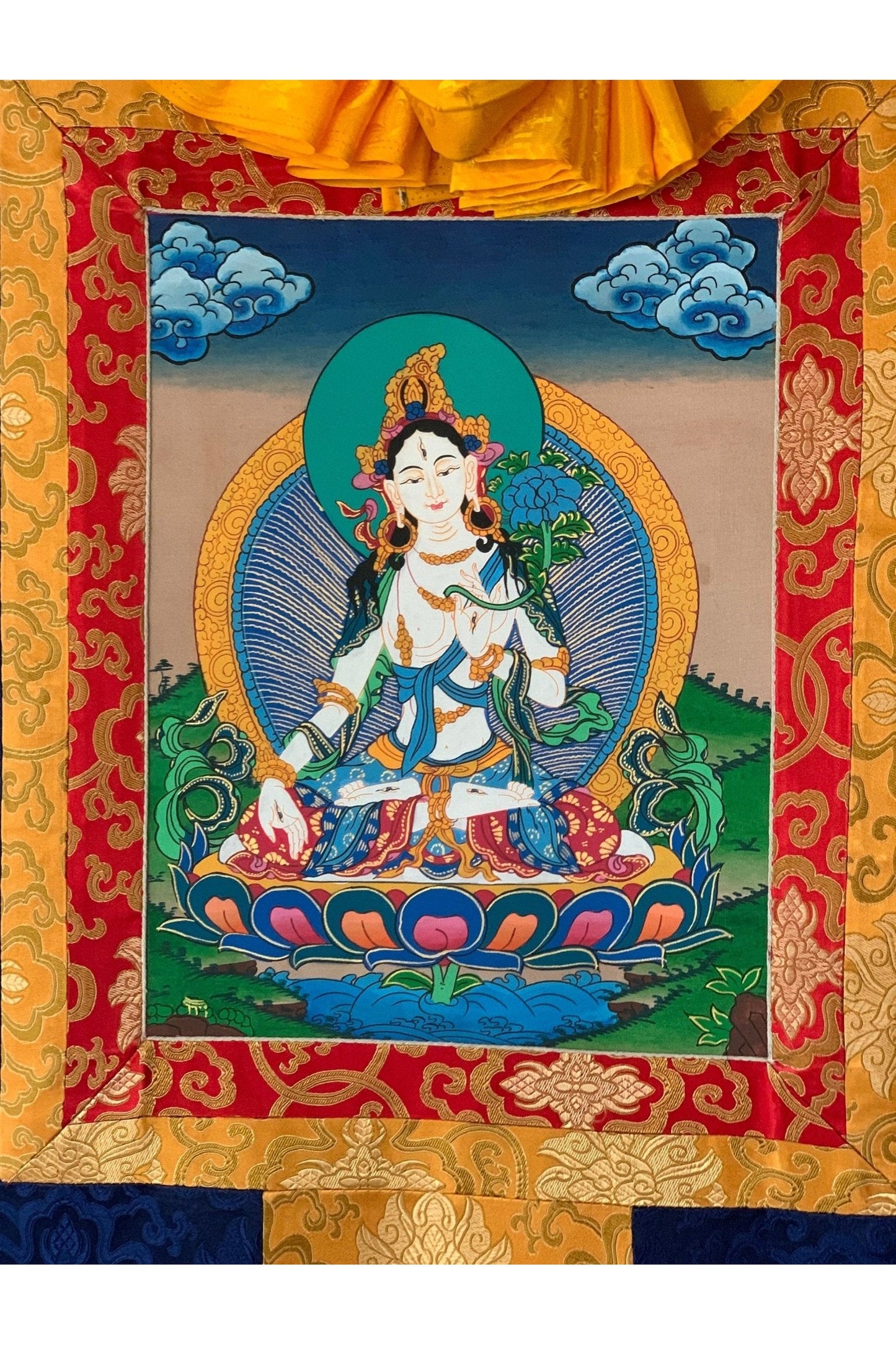 White Tara/ Mother Tara Goddess of Compassion Tibetan Thangka Painting Original Buddhist Art with Silk Brocade - Tibetan Thangka Art