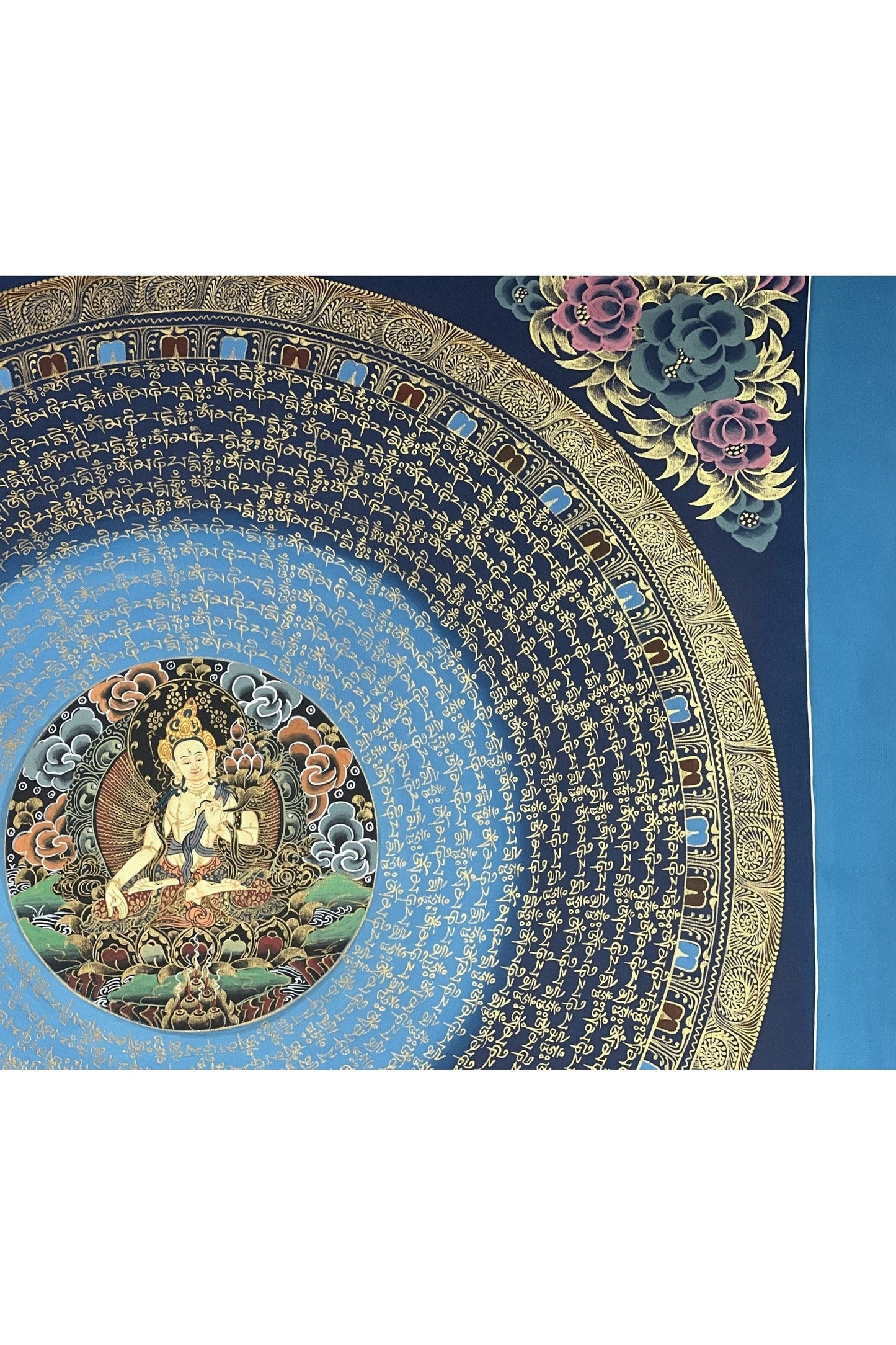 White Tara Om Mantra Mandala Tibetan Thangka Painting, Original Hand - Painted Art for Meditation, Healing, Home Decor - Tibetan Thangka Art