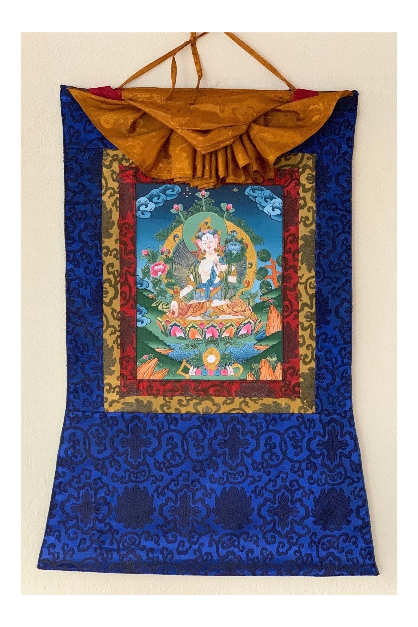 White Tara/ Sita Tara/Sgrol - dkar/ Goddess of Compassion Tibetan Thangka Painting/ Original Art with Silk Brocade - Tibetan Thangka Art