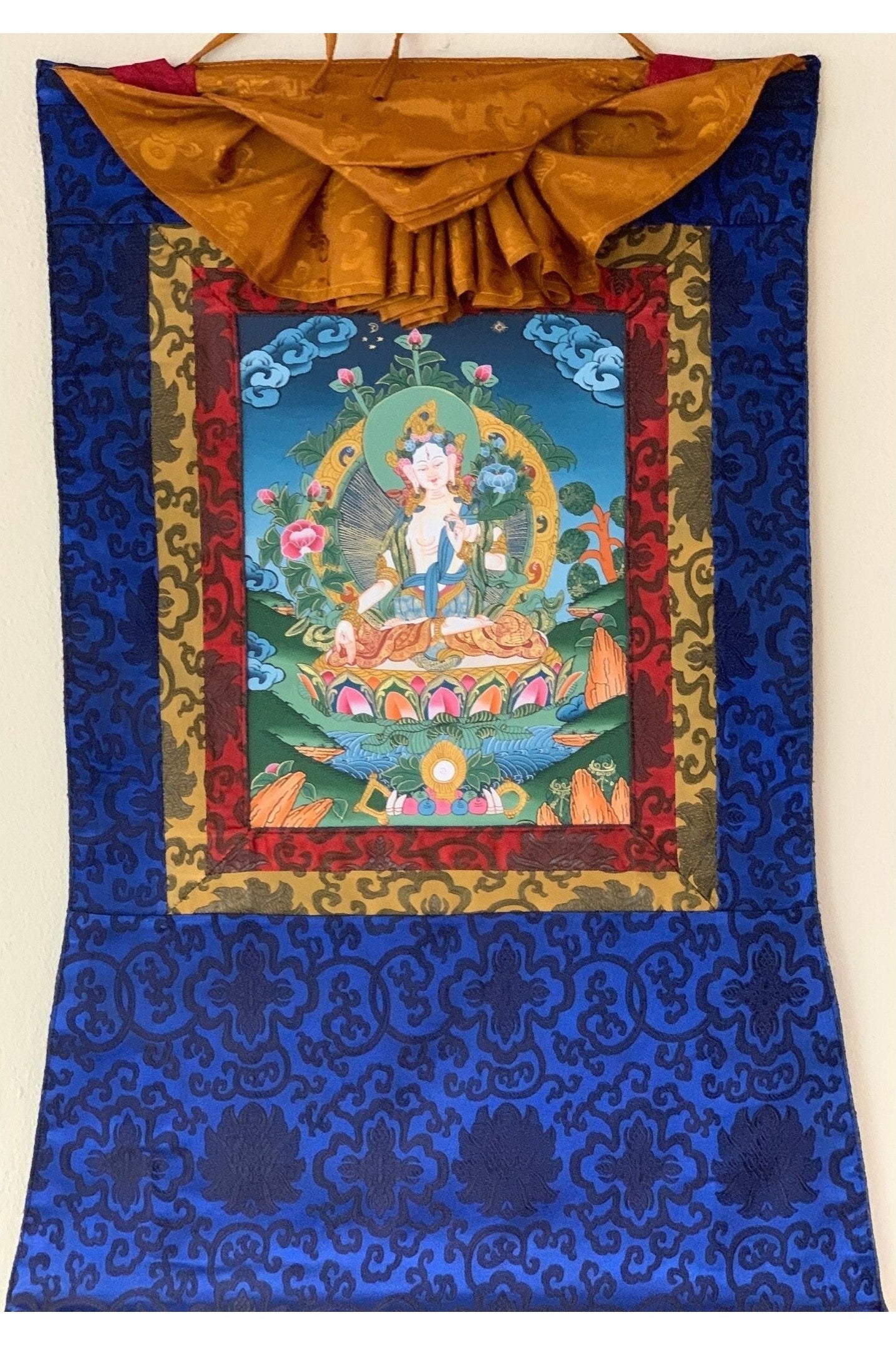 White Tara/ Sita Tara/Sgrol - dkar/ Goddess of Compassion Tibetan Thangka Painting/ Original Art with Silk Brocade - Tibetan Thangka Art