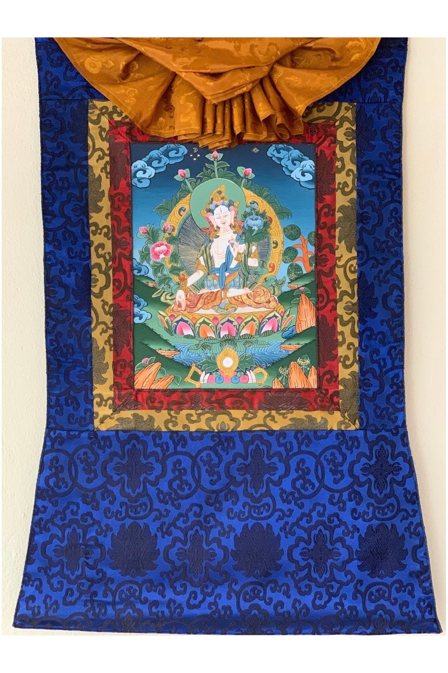 White Tara/ Sita Tara/Sgrol - dkar/ Goddess of Compassion Tibetan Thangka Painting/ Original Art with Silk Brocade - Tibetan Thangka Art