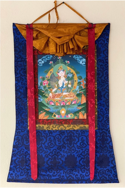 White Tara/ Sita Tara/Sgrol - dkar/ Goddess of Compassion Tibetan Thangka Painting/ Original Art with Silk Brocade - Tibetan Thangka Art