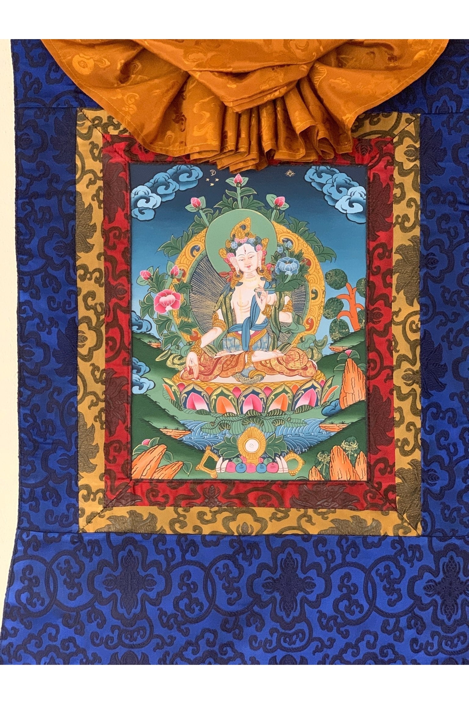 White Tara/ Sita Tara/Sgrol - dkar/ Goddess of Compassion Tibetan Thangka Painting/ Original Art with Silk Brocade - Tibetan Thangka Art