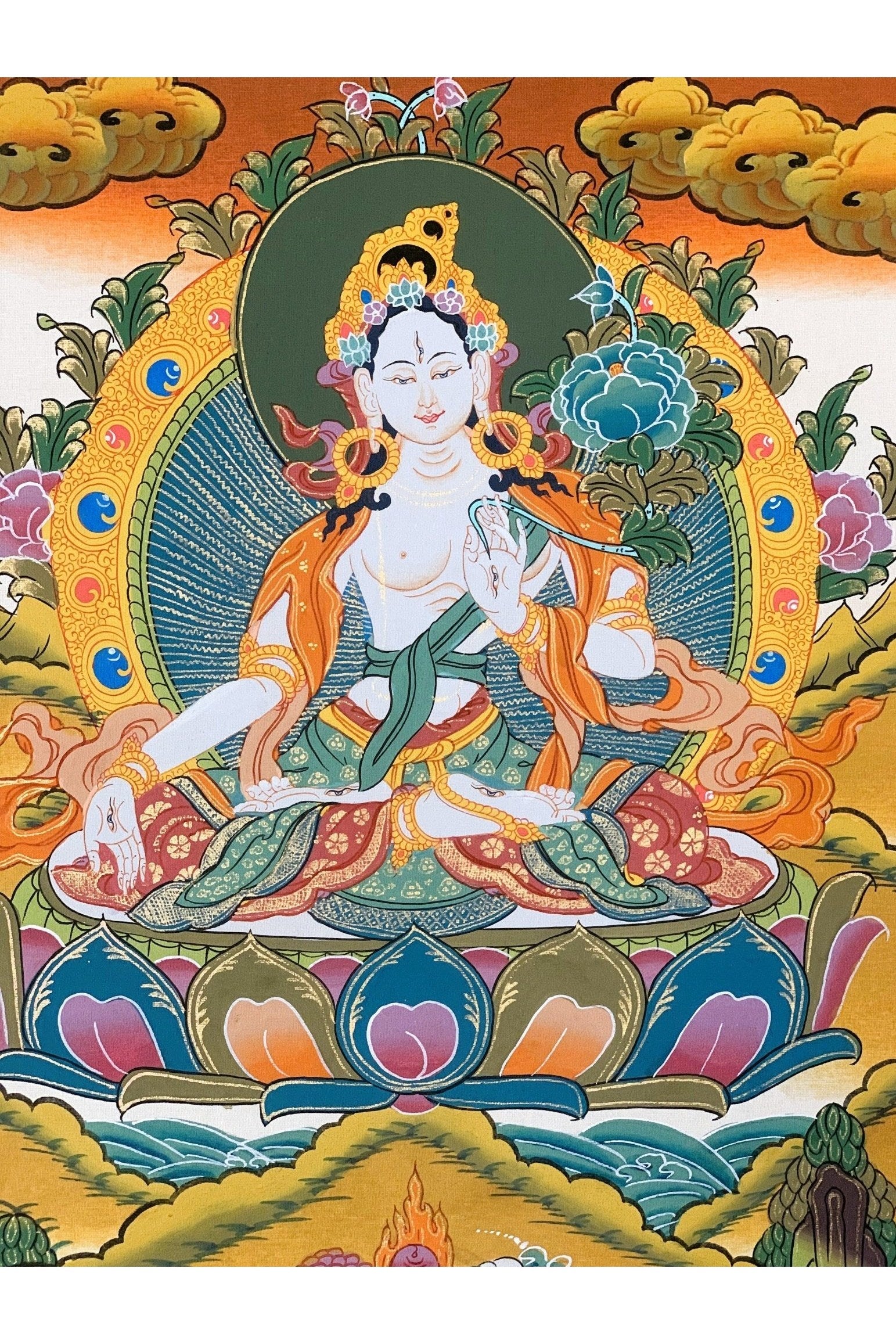 White Tara Sitatara Goddess of Compassion Master Quality Tibetan Thangka Painting, Original Art with Silk Brocade - Tibetan Thangka Art