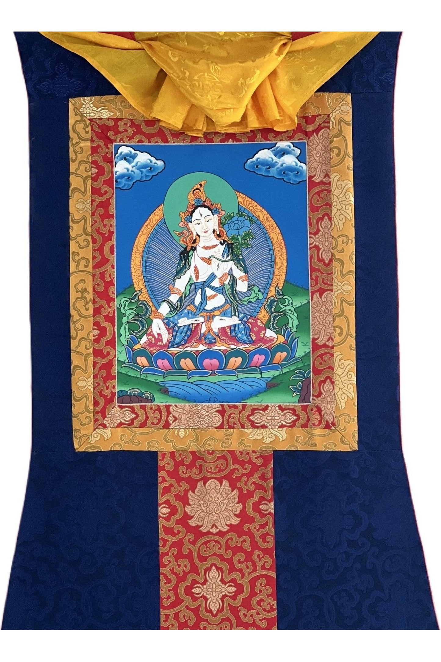 White Tara / Sitatara/ Mother Goddess/ Hand Painted Original Tibetan Thangka Painting, Buddhist Art with Silk Border - Tibetan Thangka Art