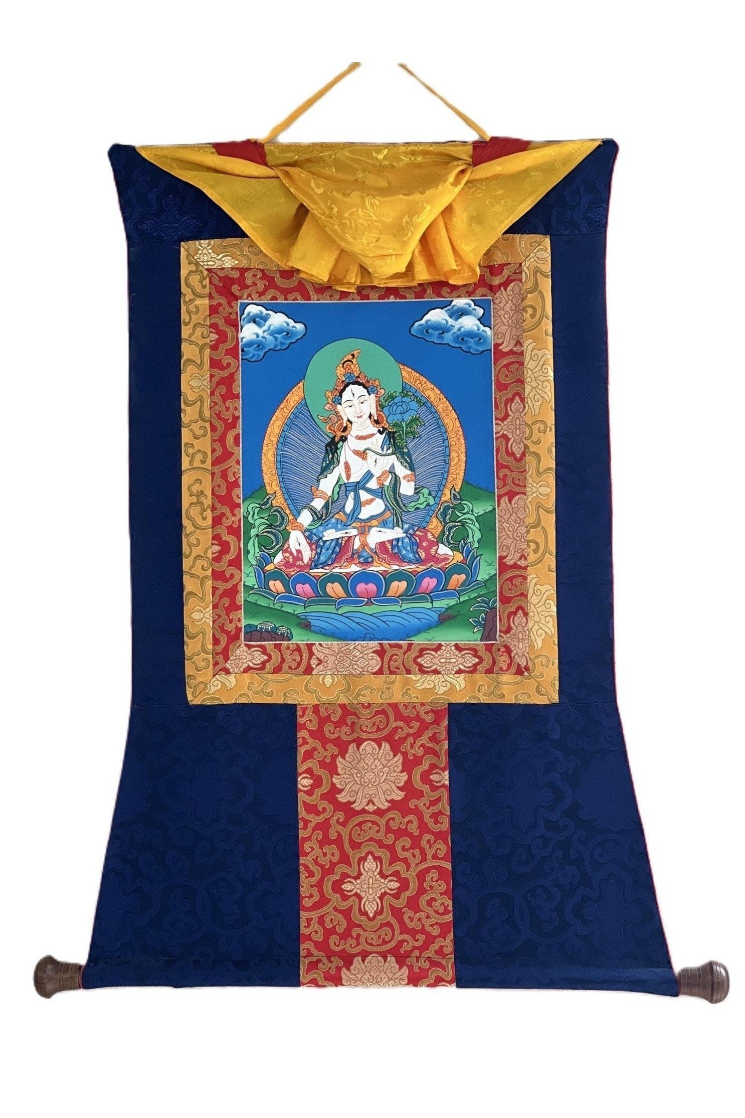 White Tara / Sitatara/ Mother Goddess/ Hand Painted Original Tibetan Thangka Painting, Buddhist Art with Silk Border - Tibetan Thangka Art