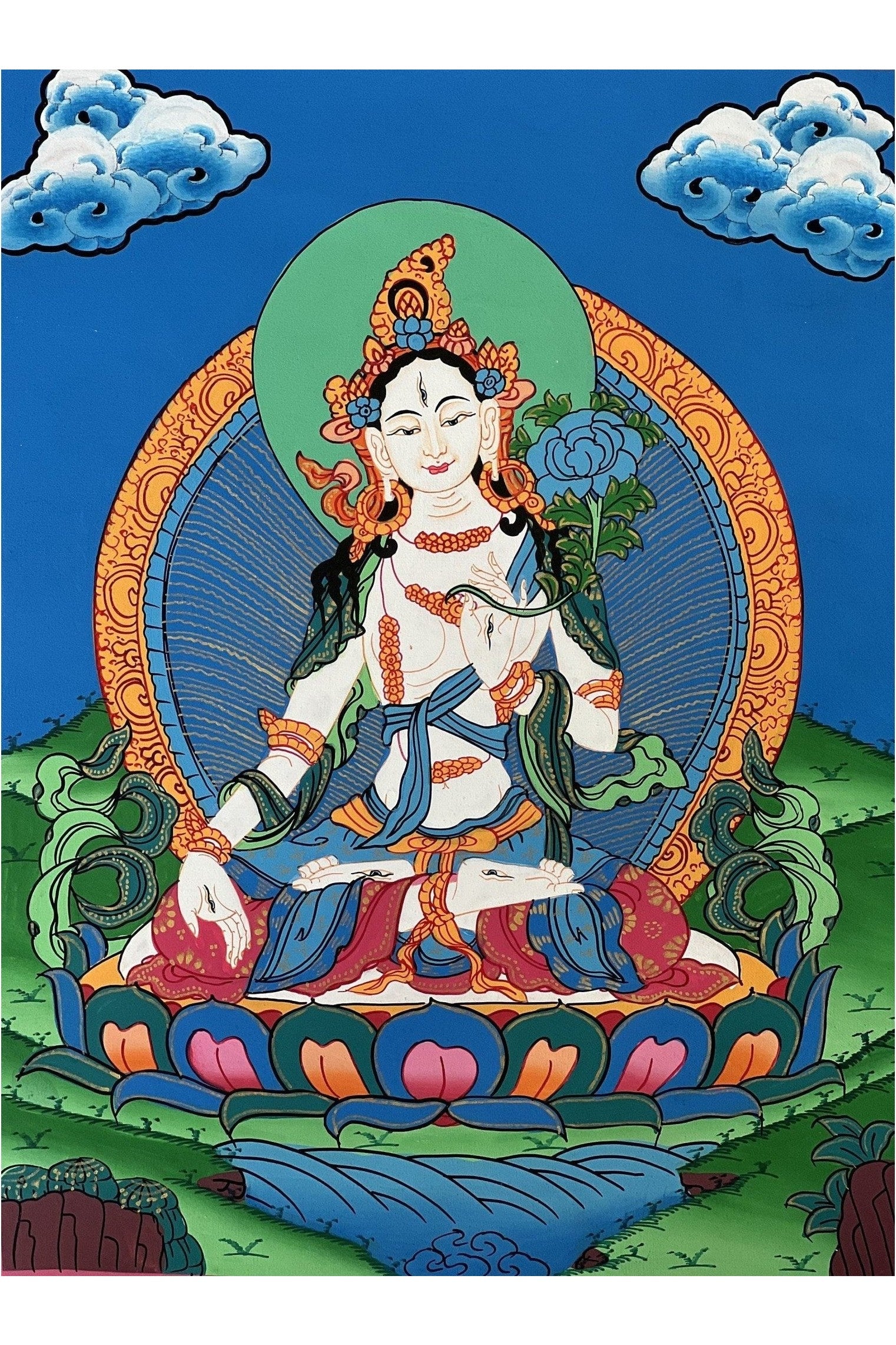 White Tara / Sitatara/ Mother Goddess/ Hand Painted Original Tibetan Thangka Painting, Buddhist Art with Silk Border - Tibetan Thangka Art