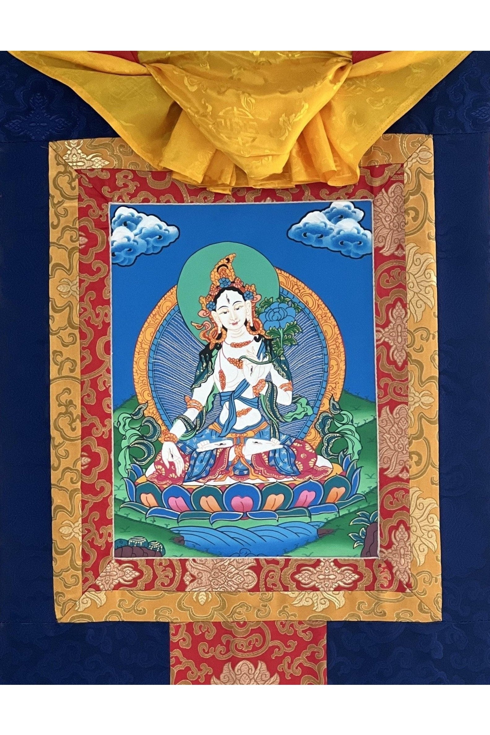 White Tara / Sitatara/ Mother Goddess/ Hand Painted Original Tibetan Thangka Painting, Buddhist Art with Silk Border - Tibetan Thangka Art