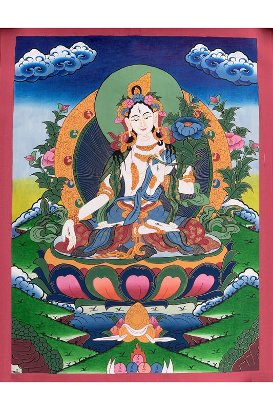 White Tara, Sitatara, Mother Goddess, Hand Painted Tibetan Thangka Painting, Original Art 15 x 19 Inch - Tibetan Thangka Art