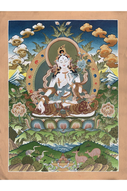 White Tara, Sitatara, Mother Goddess, Hand Painted Tibetan Thangka Painting Original Meditation Art 16 x 22 Inch - Tibetan Thangka Art