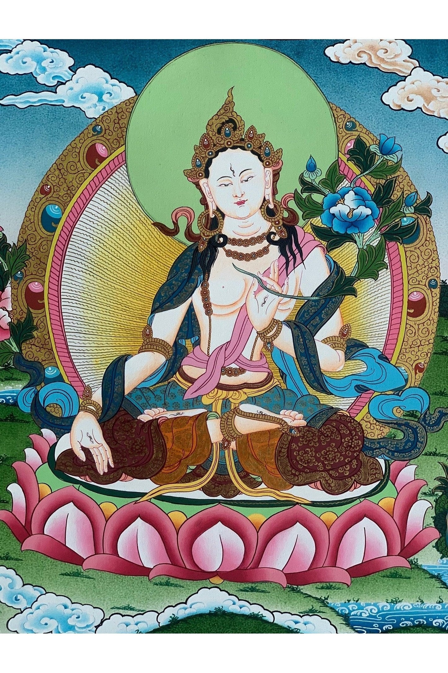 White Tara, Sitatara, Mother Goddess, Master Quality, Thangka Painting, Original Hand - painting, Meditation Art 16 x 22 Inch - Tibetan Thangka Art