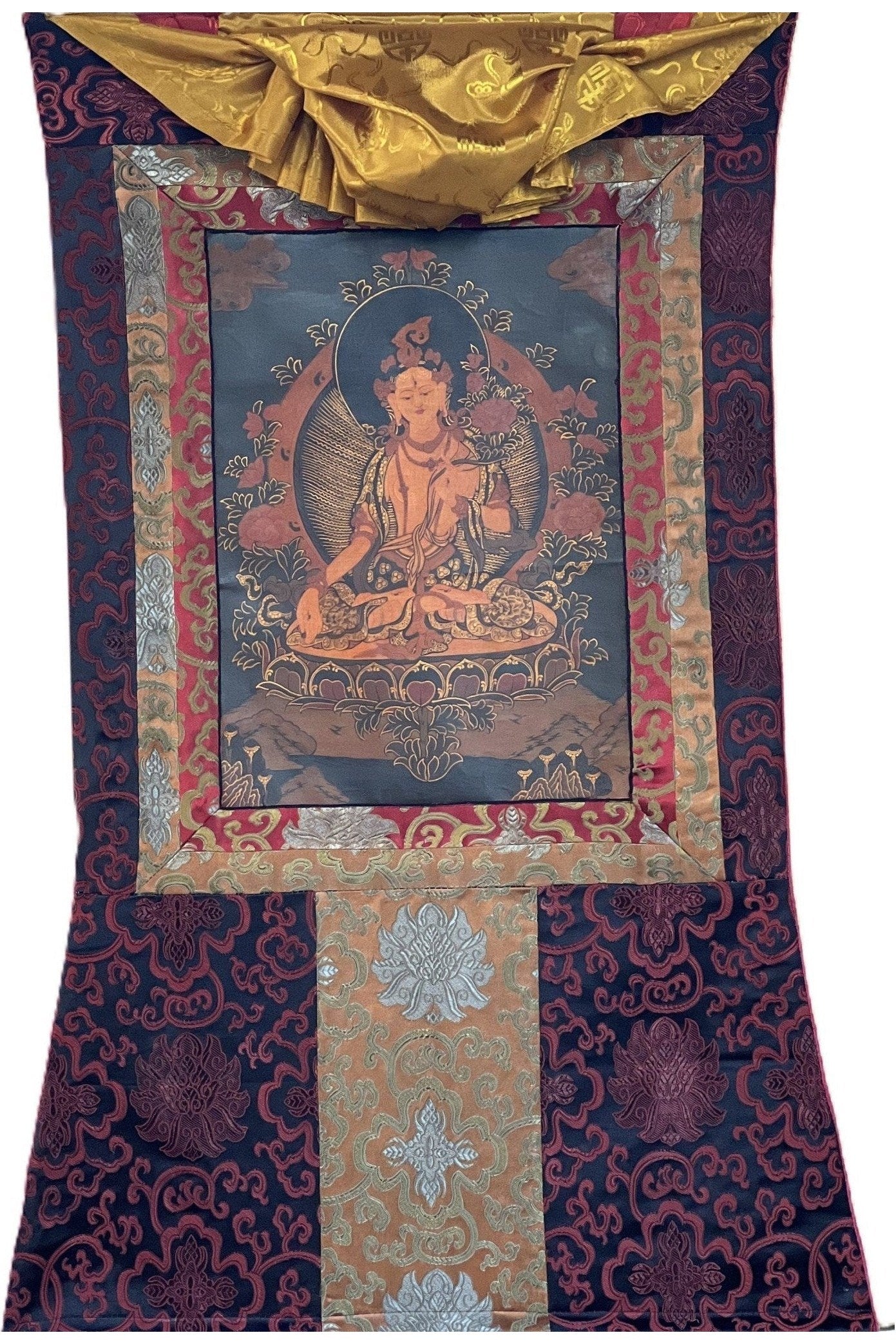 White Tara, Sitatara/ Mother Goddess Oil - Varnished Old Thangka Painting Original Art with Silk Brocade - Tibetan Thangka Art