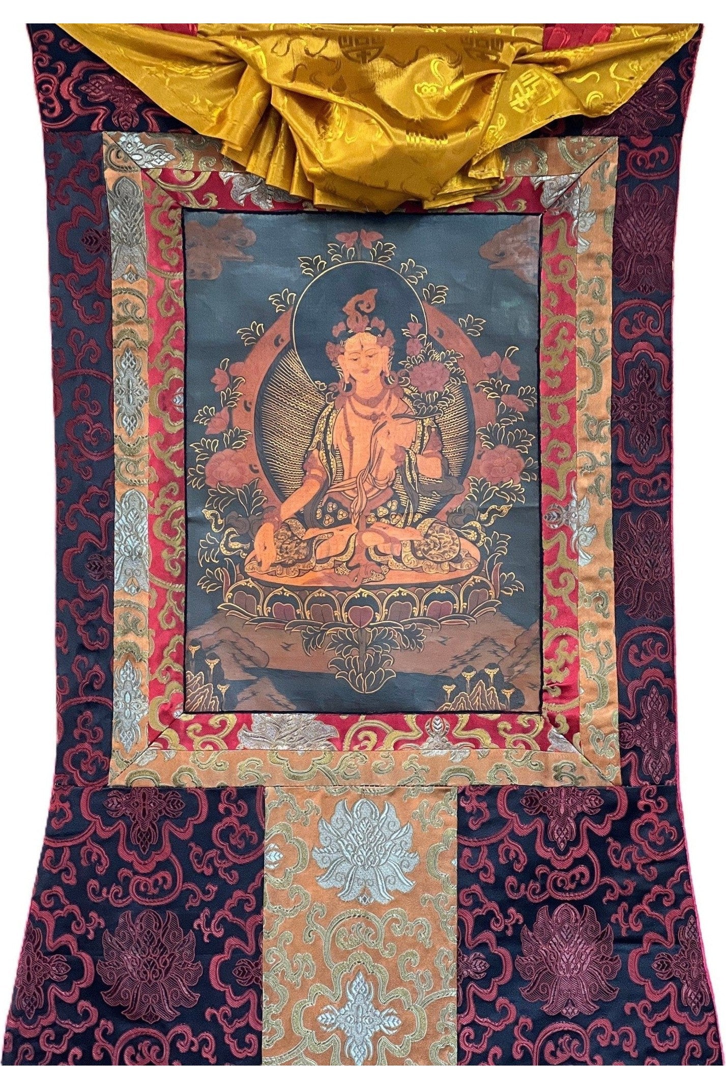 White Tara, Sitatara/ Mother Goddess Oil - Varnished Old Thangka Painting Original Art with Silk Brocade - Tibetan Thangka Art