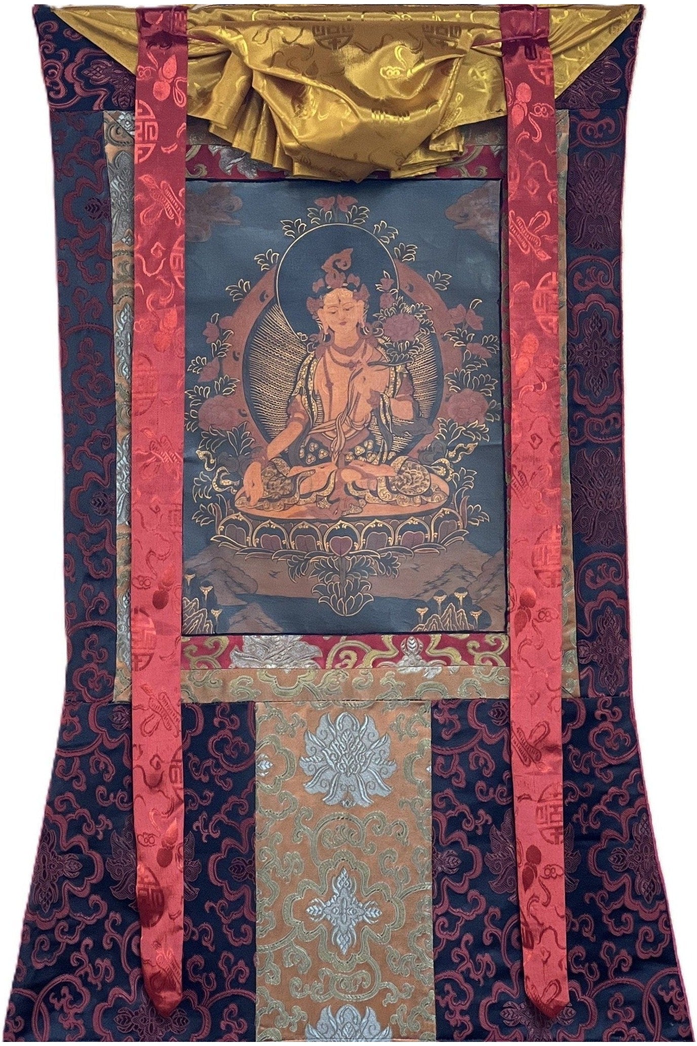 White Tara, Sitatara/ Mother Goddess Oil - Varnished Old Thangka Painting Original Art with Silk Brocade - Tibetan Thangka Art