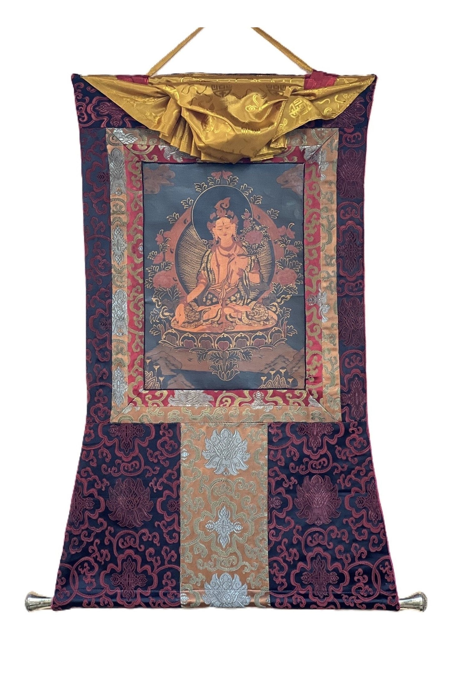 White Tara, Sitatara/ Mother Goddess Oil - Varnished Old Thangka Painting Original Art with Silk Brocade - Tibetan Thangka Art