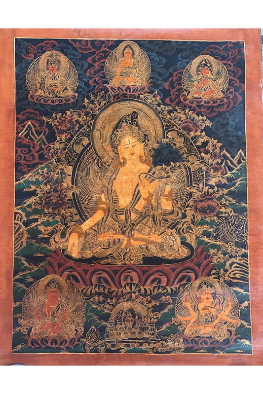 White Tara/ Sitatara/ Mother Goddess Old Oil Varnished Tibetan Thangka Painting/ Hand - Painting/ Buddhist Compassion Meditation Art - Tibetan Thangka Art