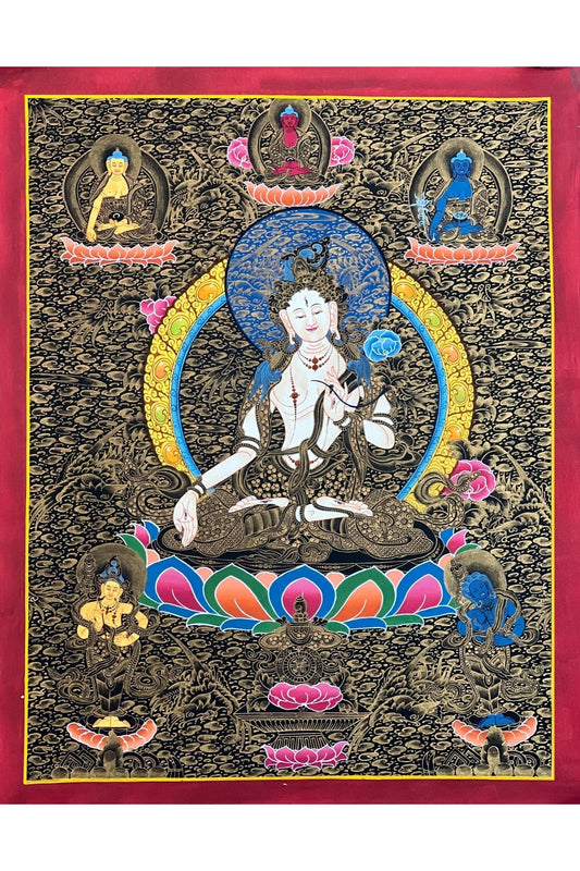 White Tara/ Sitatara/ Mother Goddess Original Masterpiece Tibetan Thangka Painting/ Hand - Painting/ Buddhist Compassion Meditation Art - Tibetan Thangka Art