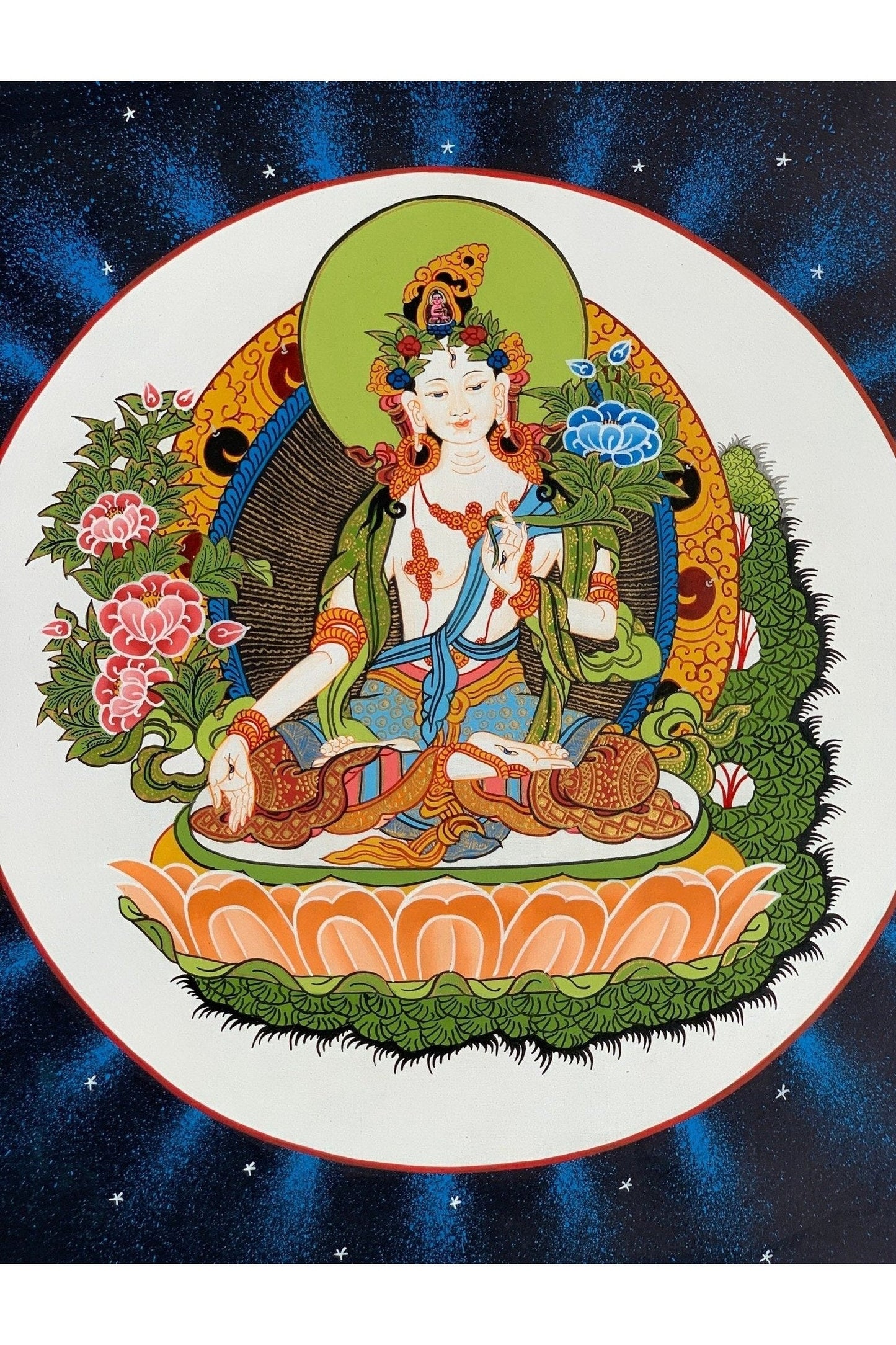 White Tara Sitatara Mother Goddess Tibetan Thangka Painting, Original Art/ Hand Painting from Nepal - Tibetan Thangka Art