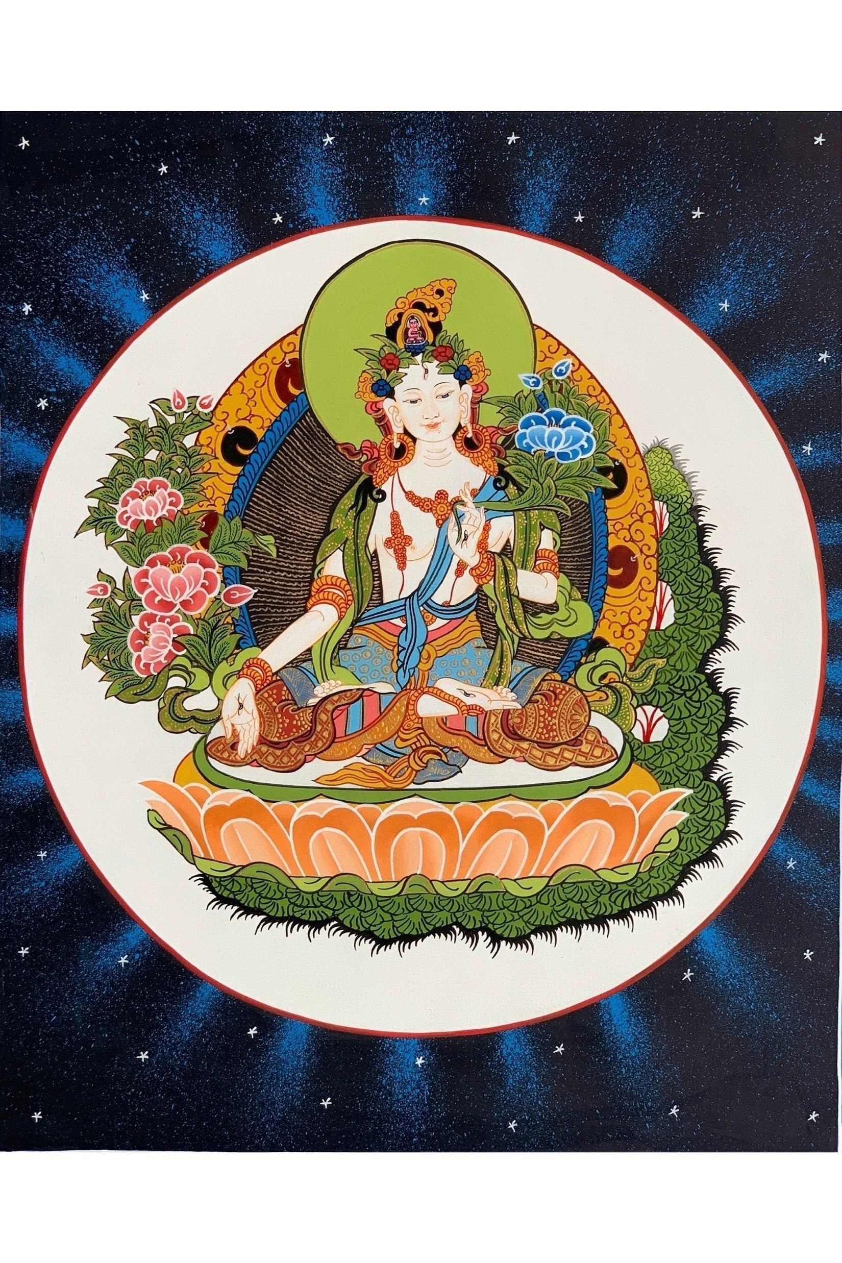 White Tara Sitatara Mother Goddess Tibetan Thangka Painting, Original Art/ Hand Painting from Nepal - Tibetan Thangka Art