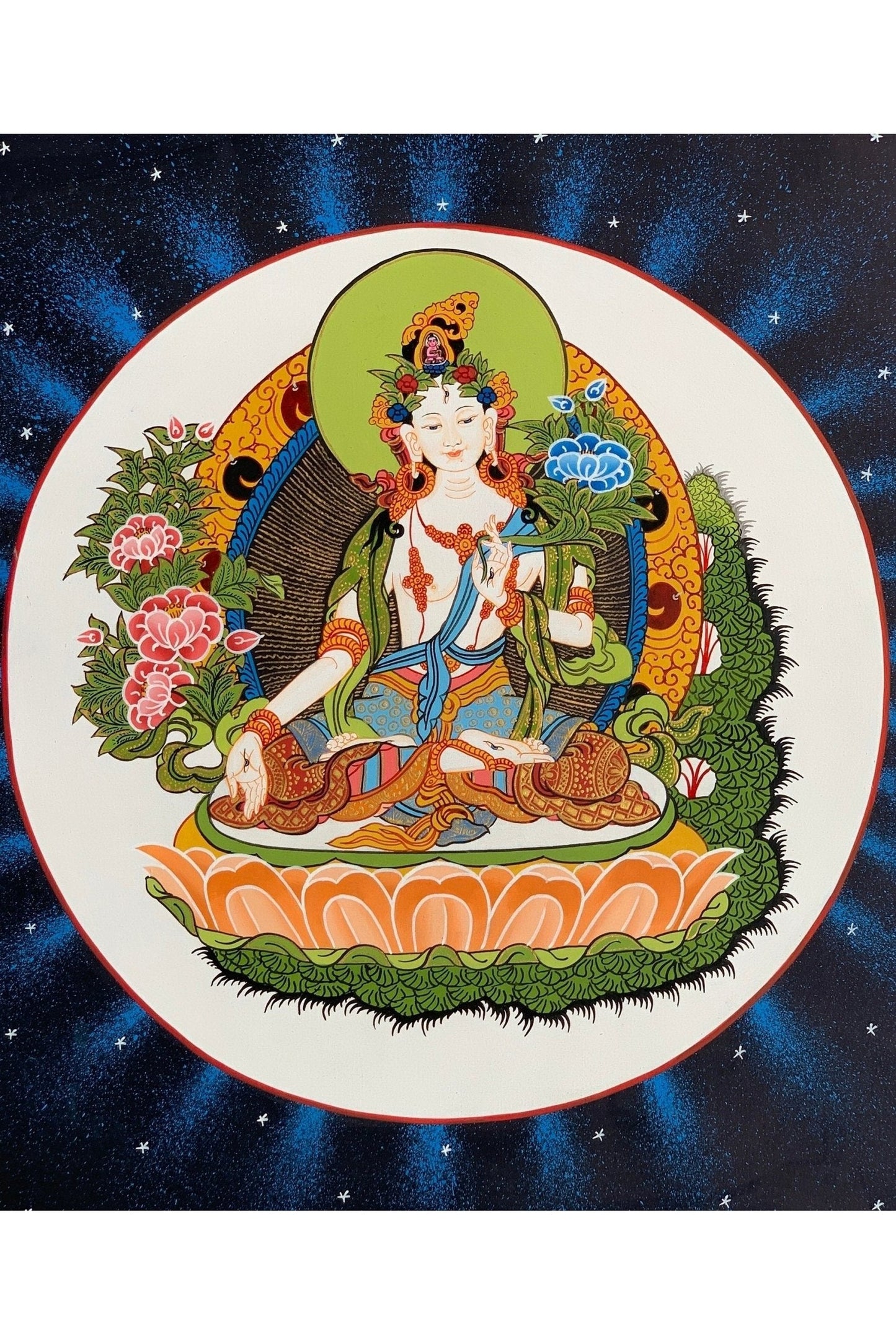 White Tara Sitatara Mother Goddess Tibetan Thangka Painting, Original Art/ Hand Painting from Nepal - Tibetan Thangka Art