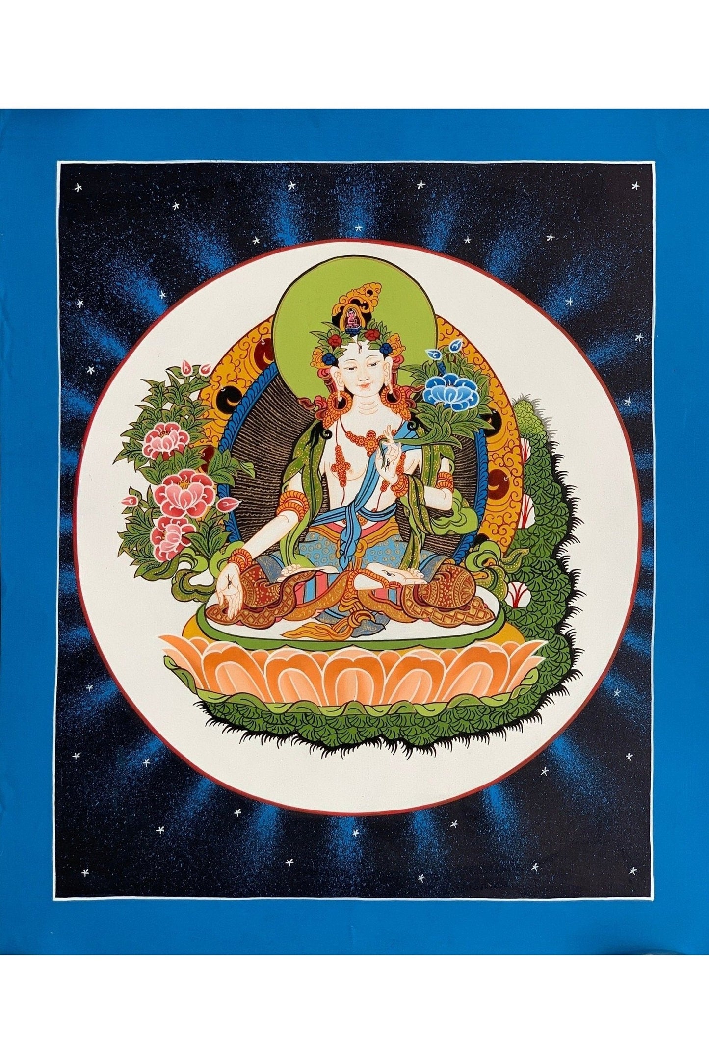 White Tara Sitatara Mother Goddess Tibetan Thangka Painting, Original Art/ Hand Painting from Nepal - Tibetan Thangka Art