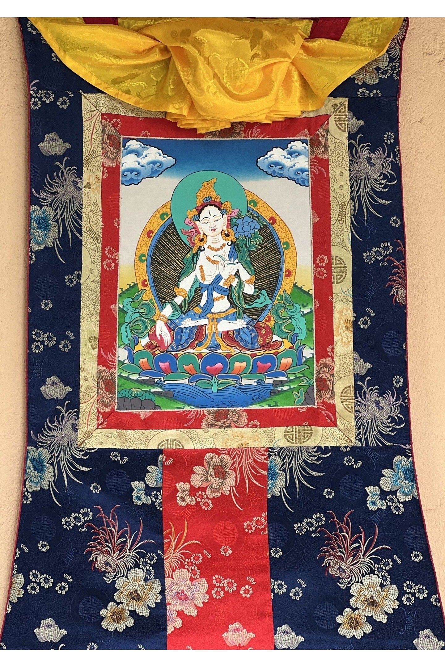 White Tara/Mother Tara Goddess of Protection Hand Painted Original Tibetan Thangka Painting/ Buddhist Art with Silk Border - Tibetan Thangka Art