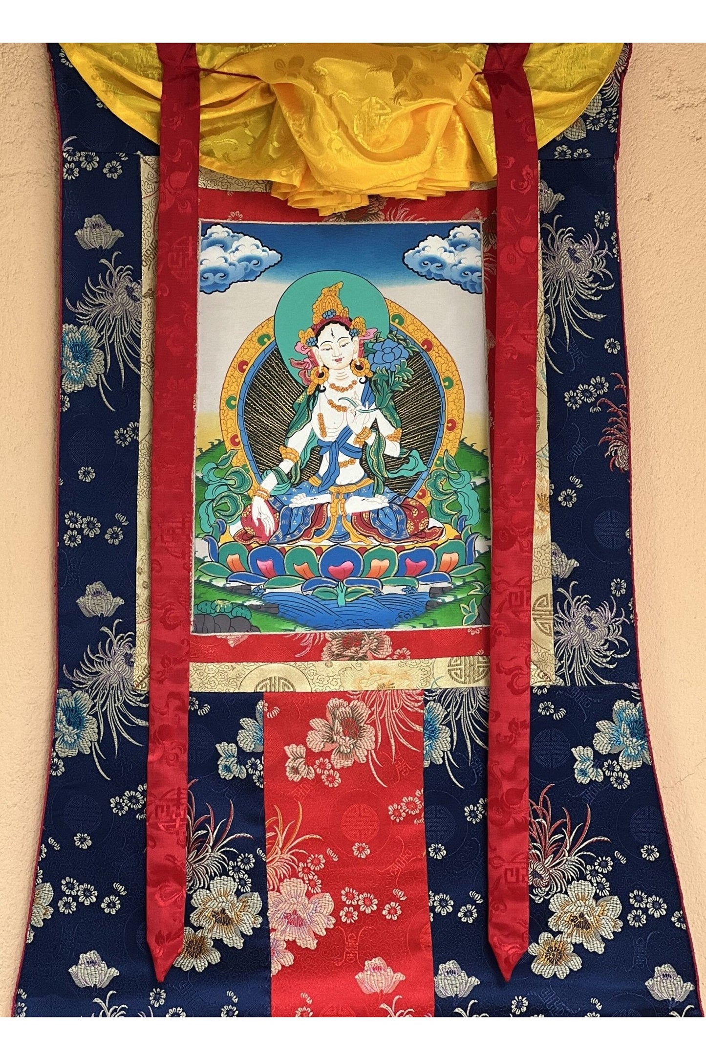 White Tara/Mother Tara Goddess of Protection Hand Painted Original Tibetan Thangka Painting/ Buddhist Art with Silk Border - Tibetan Thangka Art