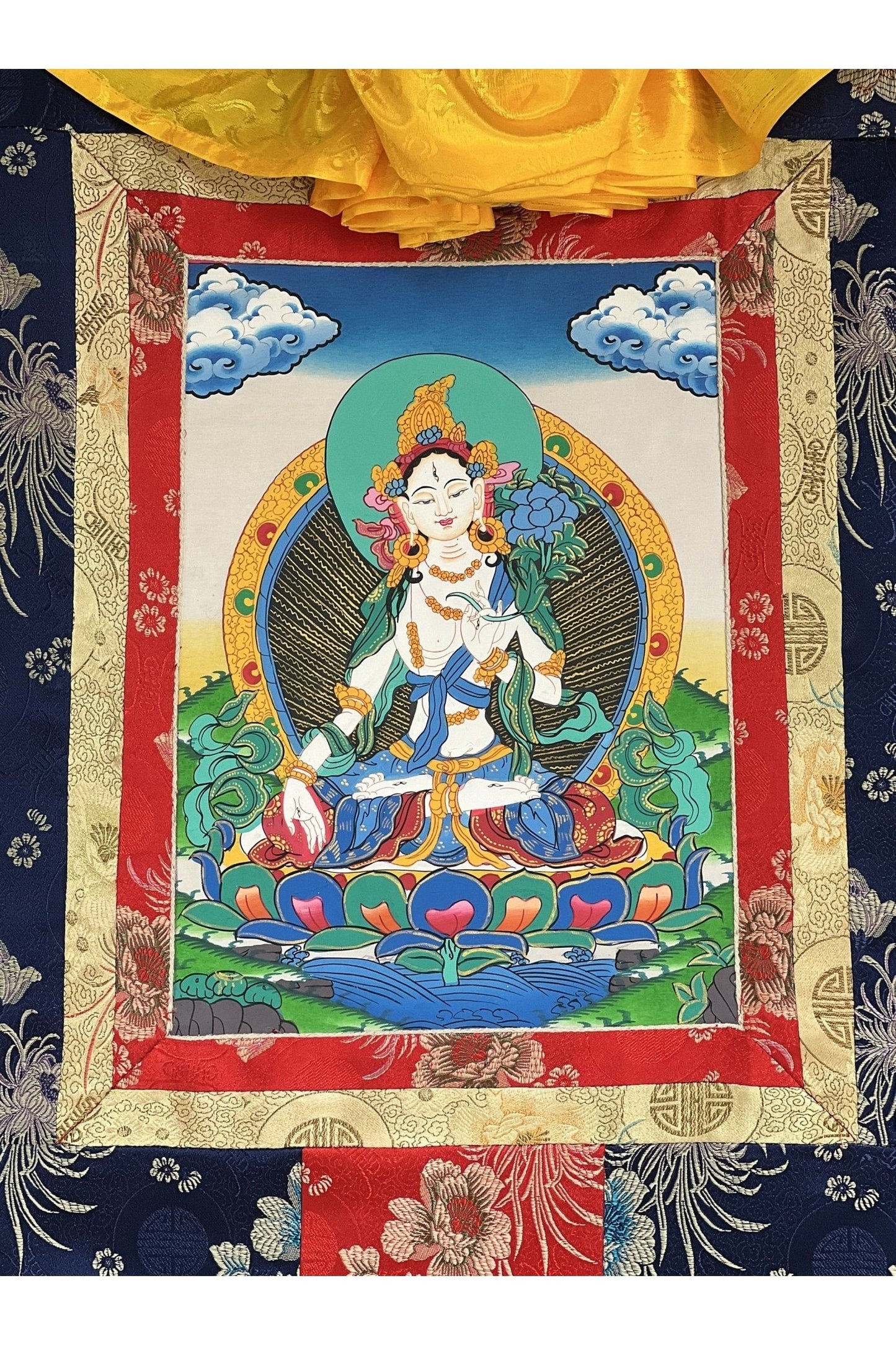 White Tara/Mother Tara Goddess of Protection Hand Painted Original Tibetan Thangka Painting/ Buddhist Art with Silk Border - Tibetan Thangka Art