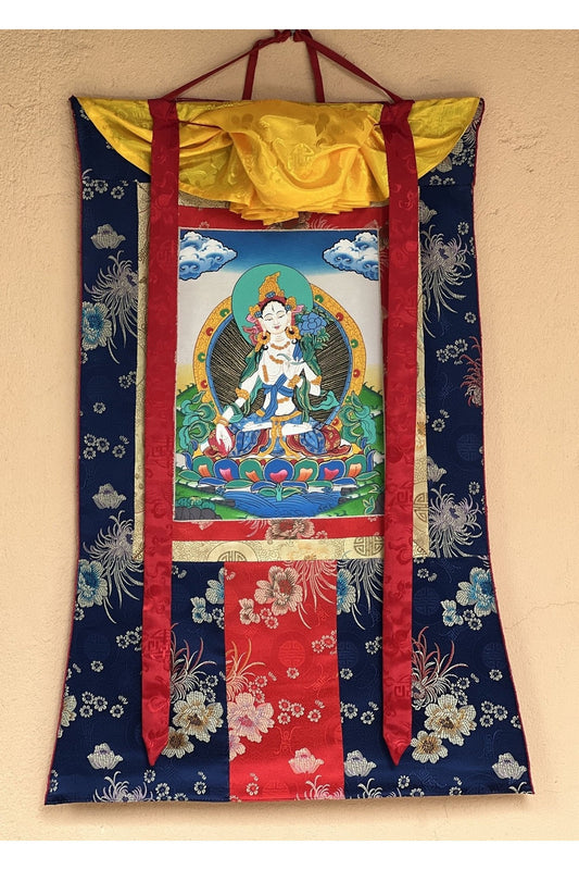 White Tara/Mother Tara Goddess of Protection Hand Painted Original Tibetan Thangka Painting/ Buddhist Art with Silk Border - Tibetan Thangka Art