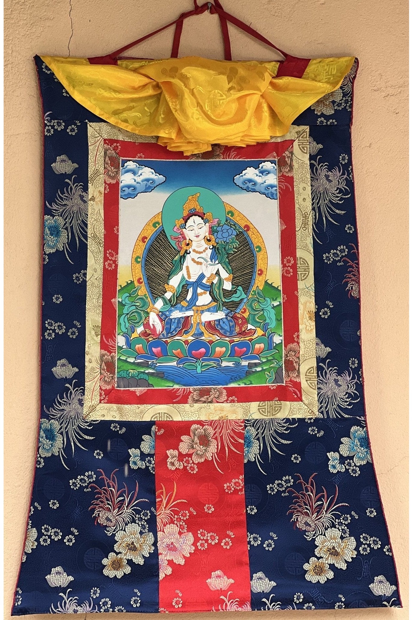 White Tara/Mother Tara Goddess of Protection Hand Painted Original Tibetan Thangka Painting/ Buddhist Art with Silk Border - Tibetan Thangka Art