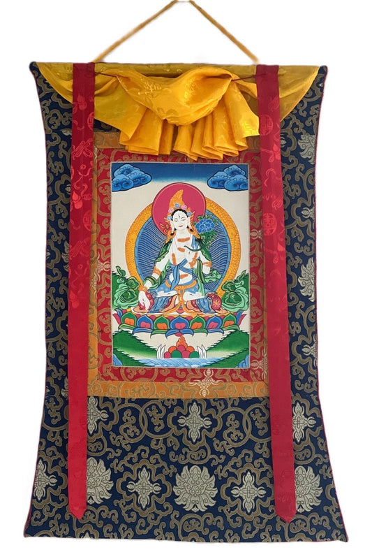 White Tara/Sitatara/ Mother Goddess/ Hand - Painted Original Master quality Tibetan Thangka Painting/ Buddhist Art with Silk Border - Tibetan Thangka Art