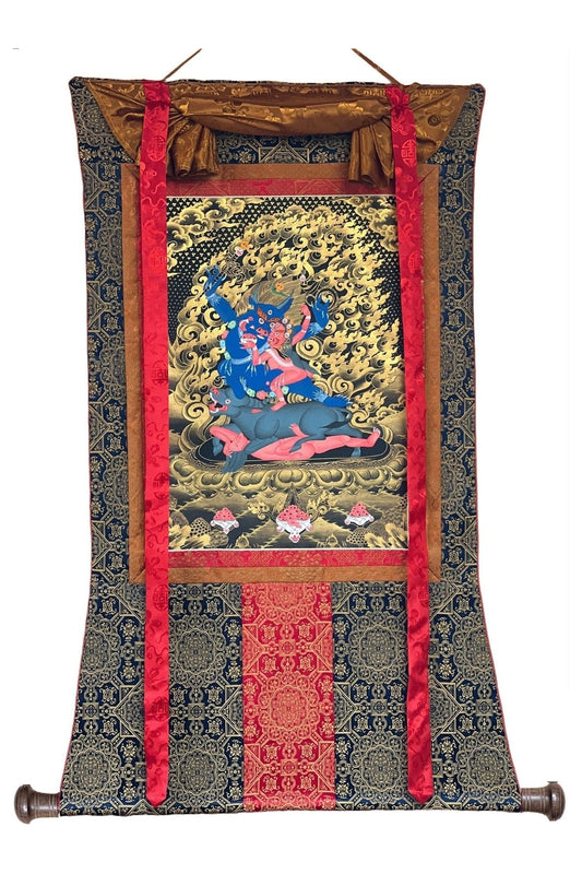 Yama Dharmaraja/Lord of Justice Master Quality Tibetan Thangka Painting, Original Hand Painted Meditation Art with Premium Silk Brocade - Tibetan Thangka Art