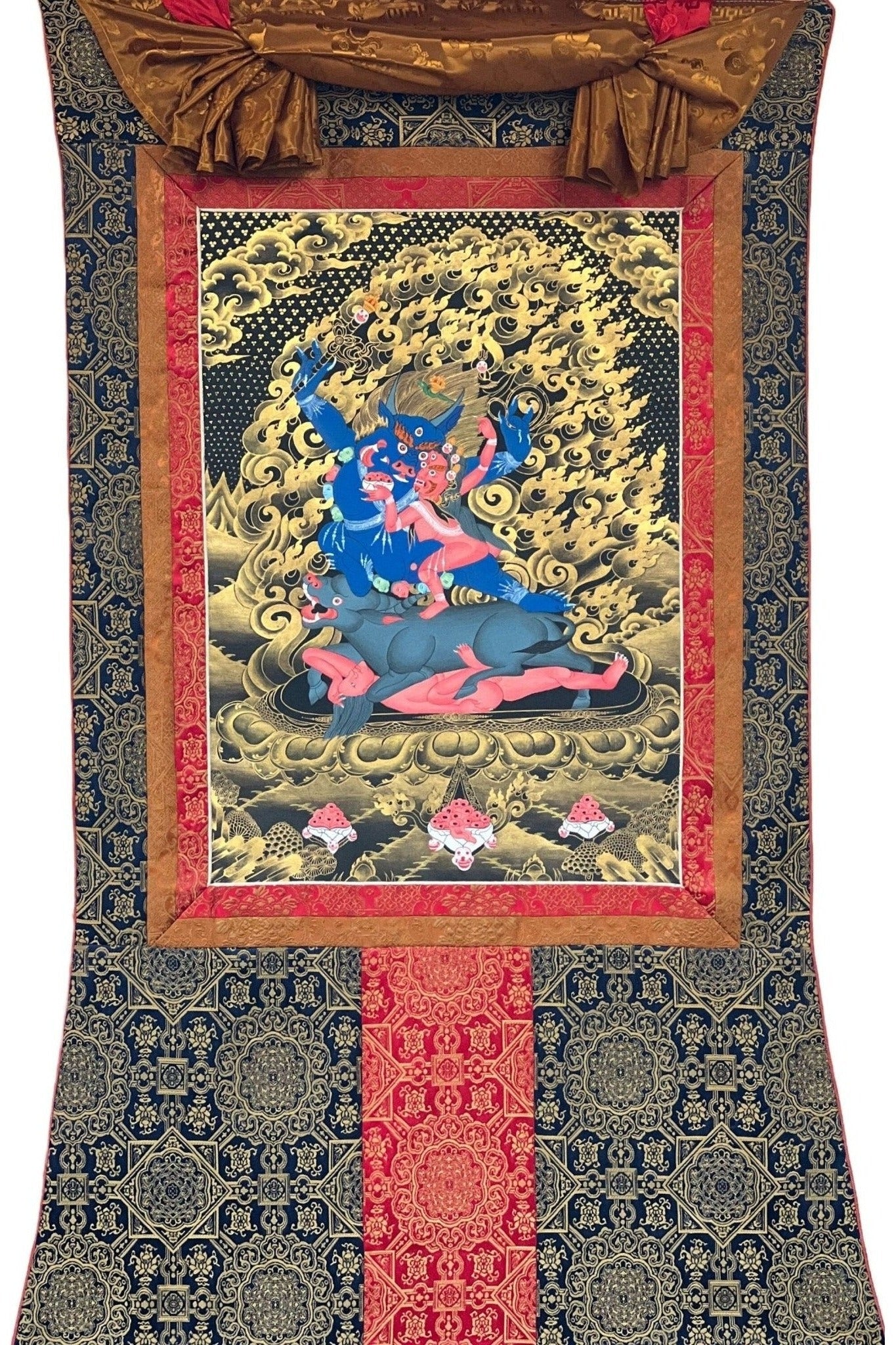 Yama Dharmaraja/Lord of Justice Master Quality Tibetan Thangka Painting, Original Hand Painted Meditation Art with Premium Silk Brocade - Tibetan Thangka Art