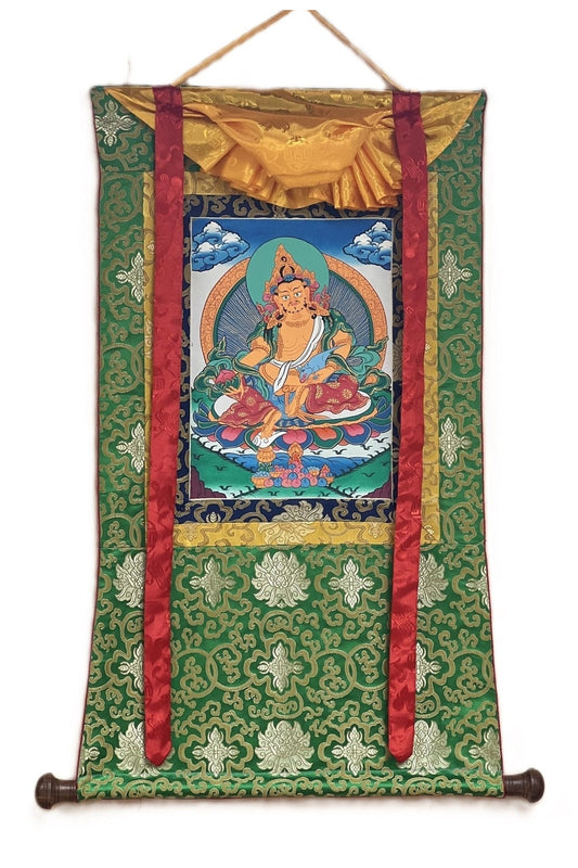 Yellow Jambhala/ Zambala/Kuber God of Wealth Tibetan Thangka Painting/ Original Buddhist Meditation Art with Silk Border - Tibetan Thangka Art