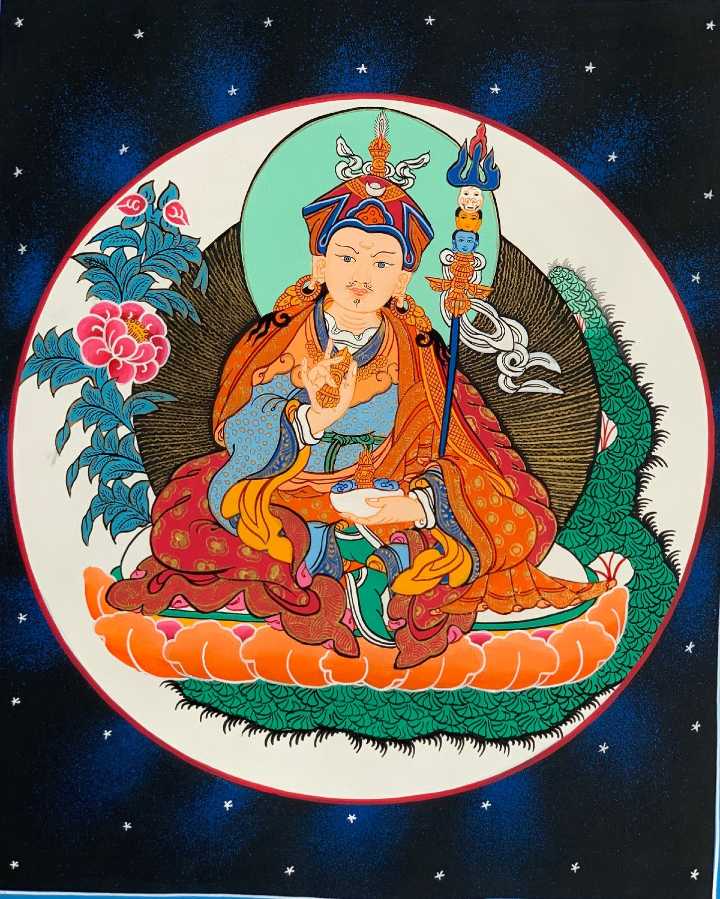 Hand Painted Padmasambhava/ Guru Rinpoche Tibetan Thangka Painting Original Art  with Narrow Silk Frame