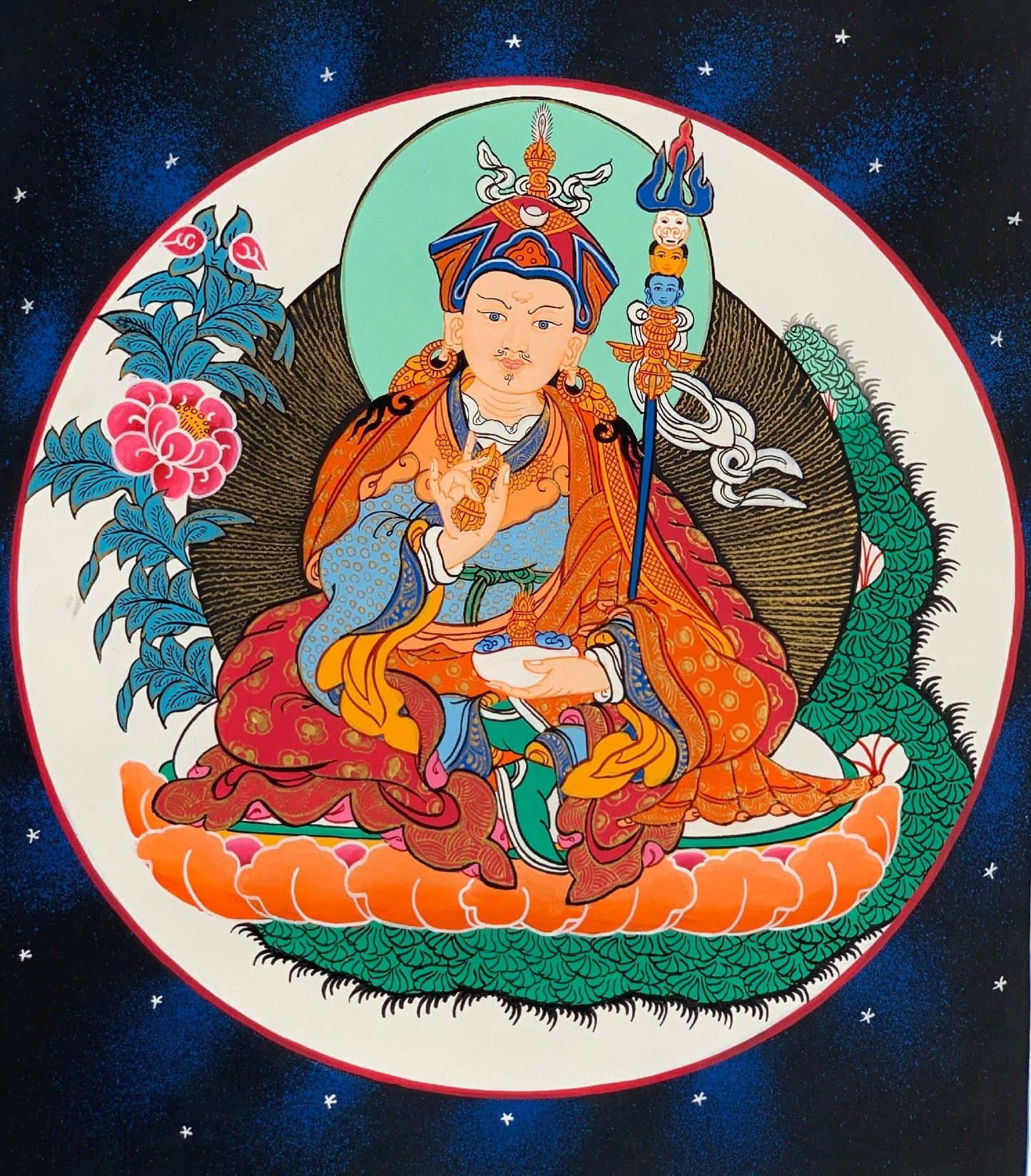 Hand Painted Padmasambhava/ Guru Rinpoche Tibetan Thangka Painting Original Art  with Narrow Silk Frame